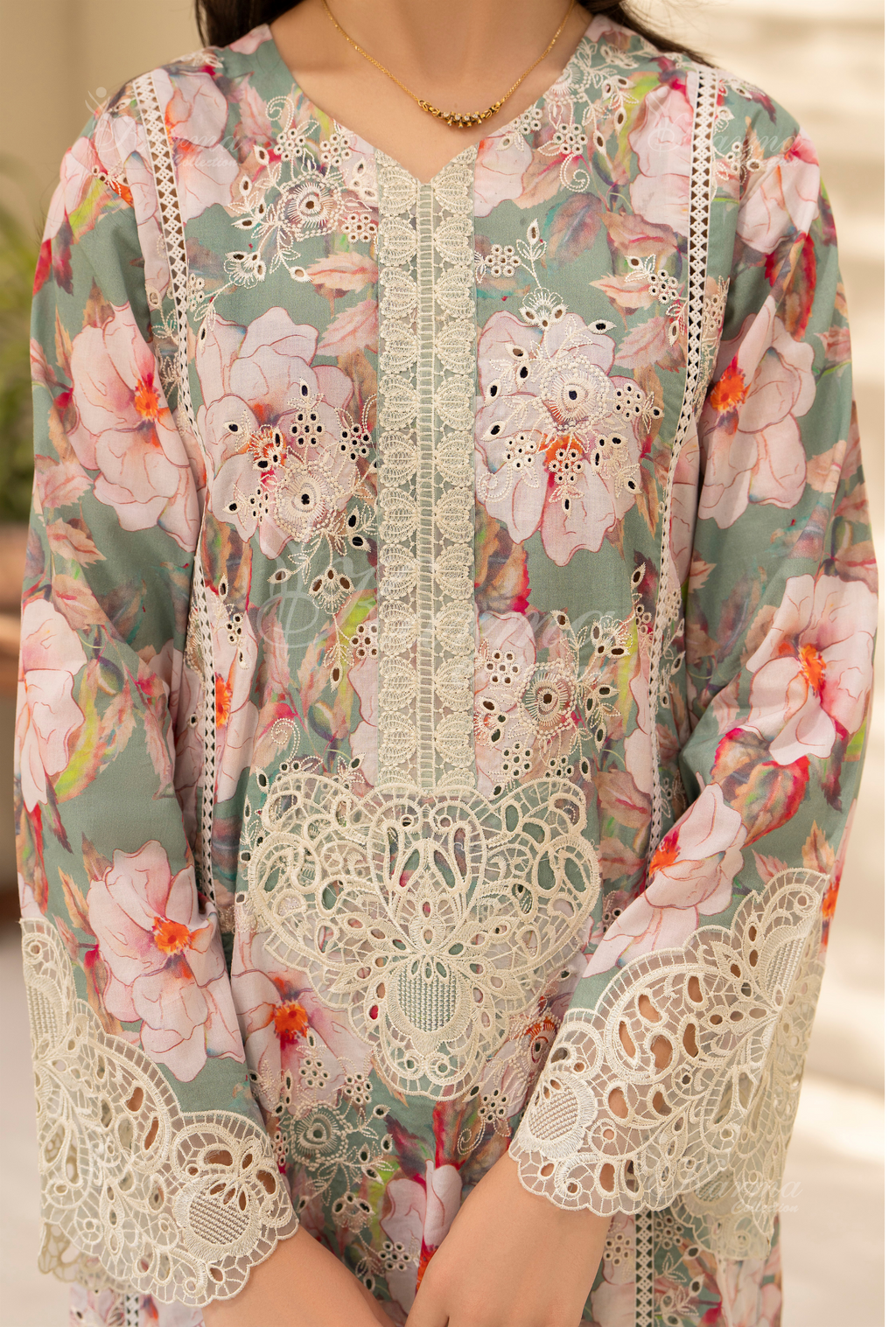 Karma Dark Turquoise Chikankari Lawn 3 Piece Stitched Suit