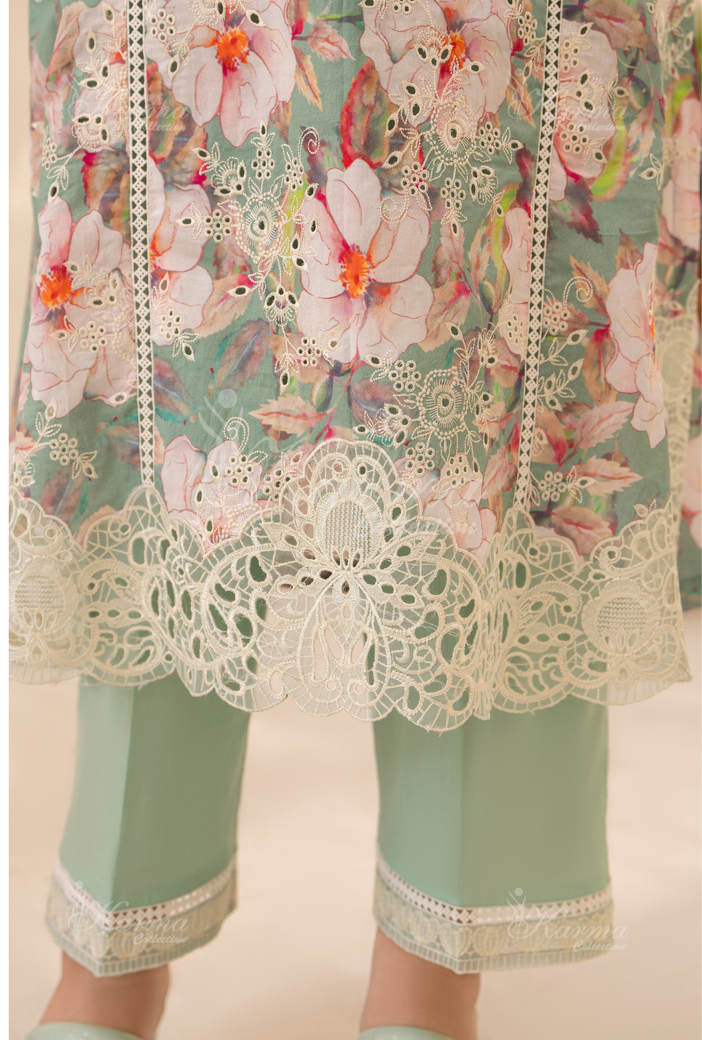 Karma Dark Turquoise Chikankari Lawn 3 Piece Stitched Suit