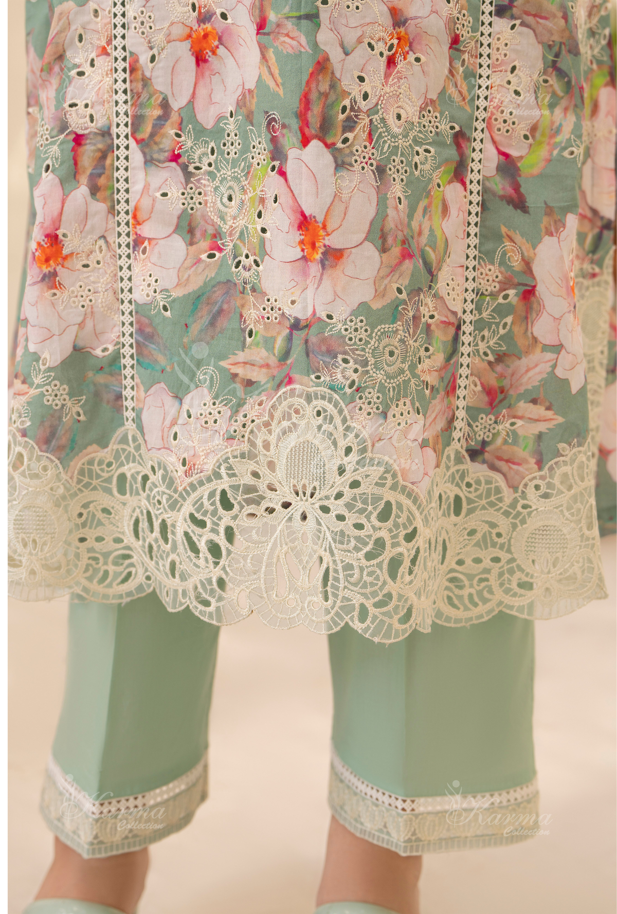 Karma Dark Turquoise Chikankari Lawn 3 Piece Stitched Suit