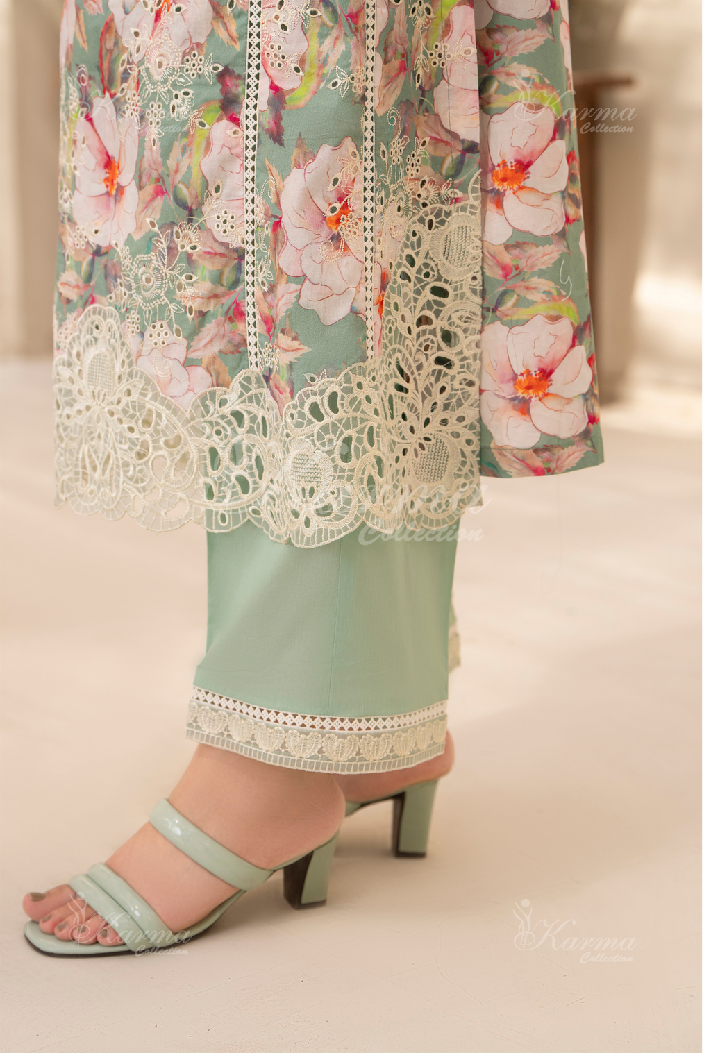 Karma Dark Turquoise Chikankari Lawn 3 Piece Stitched Suit