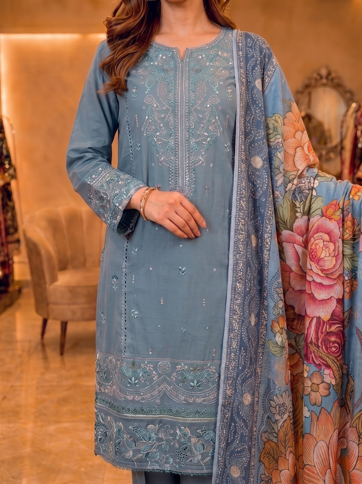 Dusty Teal Embroidered Pure Cotton Suit | 3-Piece Digital Print Dupatta