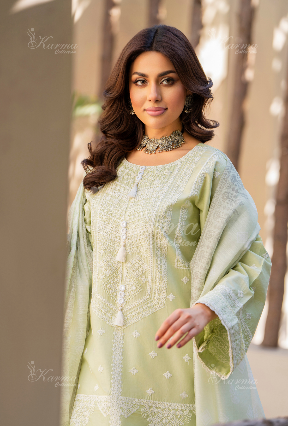 Karma Pistachio Mirror & Thread Work 3 Piece Stitched Suit - Product Image 2