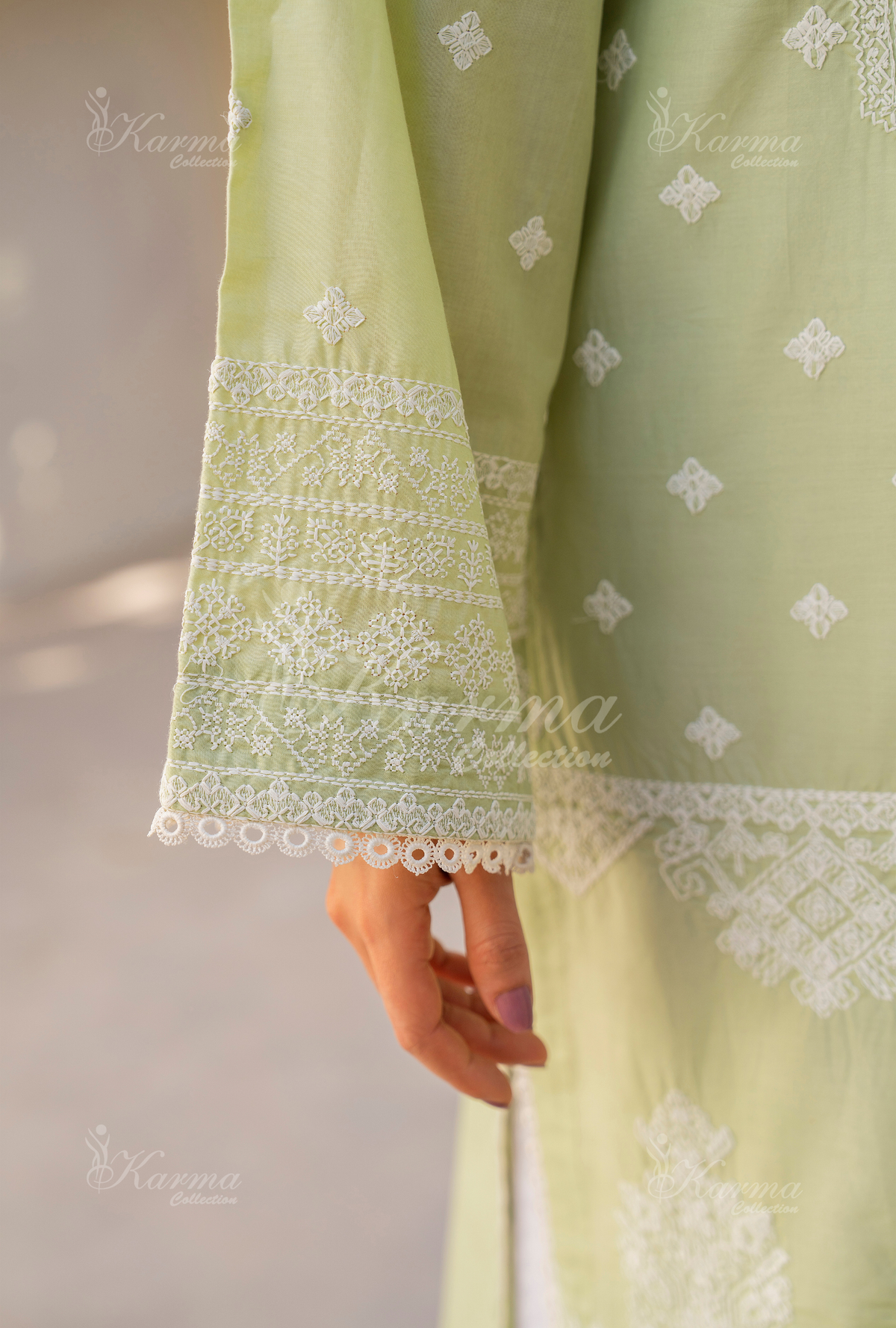 Karma Pistachio Mirror & Thread Work 3 Piece Stitched Suit - Product Image 3