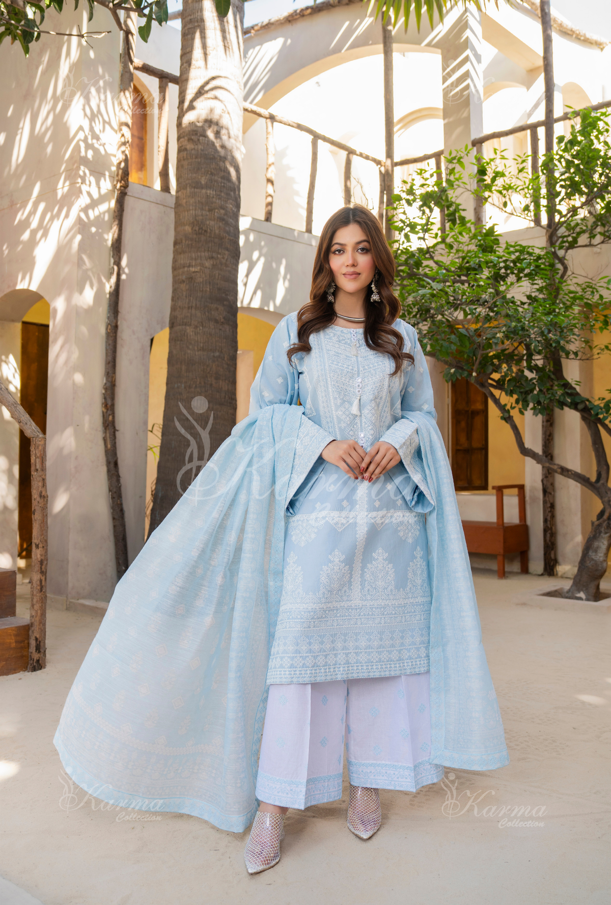 Karma Cloud Mirror & Thread Work 3 Piece Stitched Suit - Product Image 1