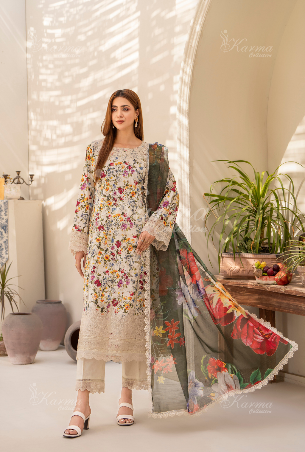 Karma Floral White Chikankari Lawn 3 Piece Stitched Suit