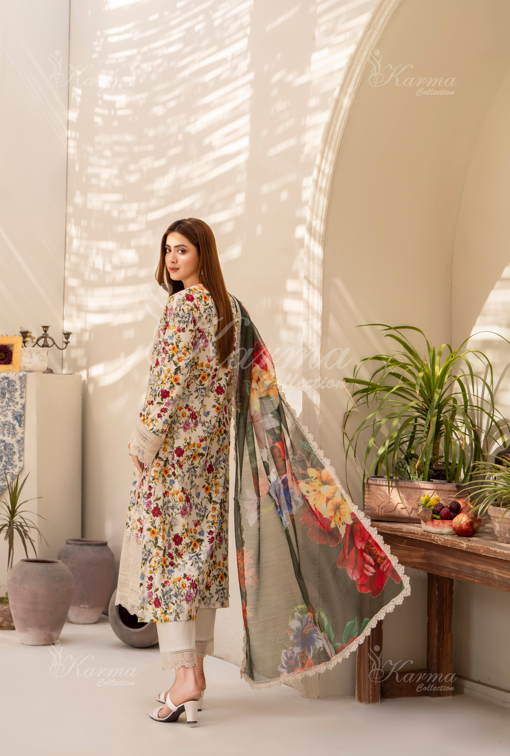 Karma Floral White Chikankari Lawn 3 Piece Stitched Suit