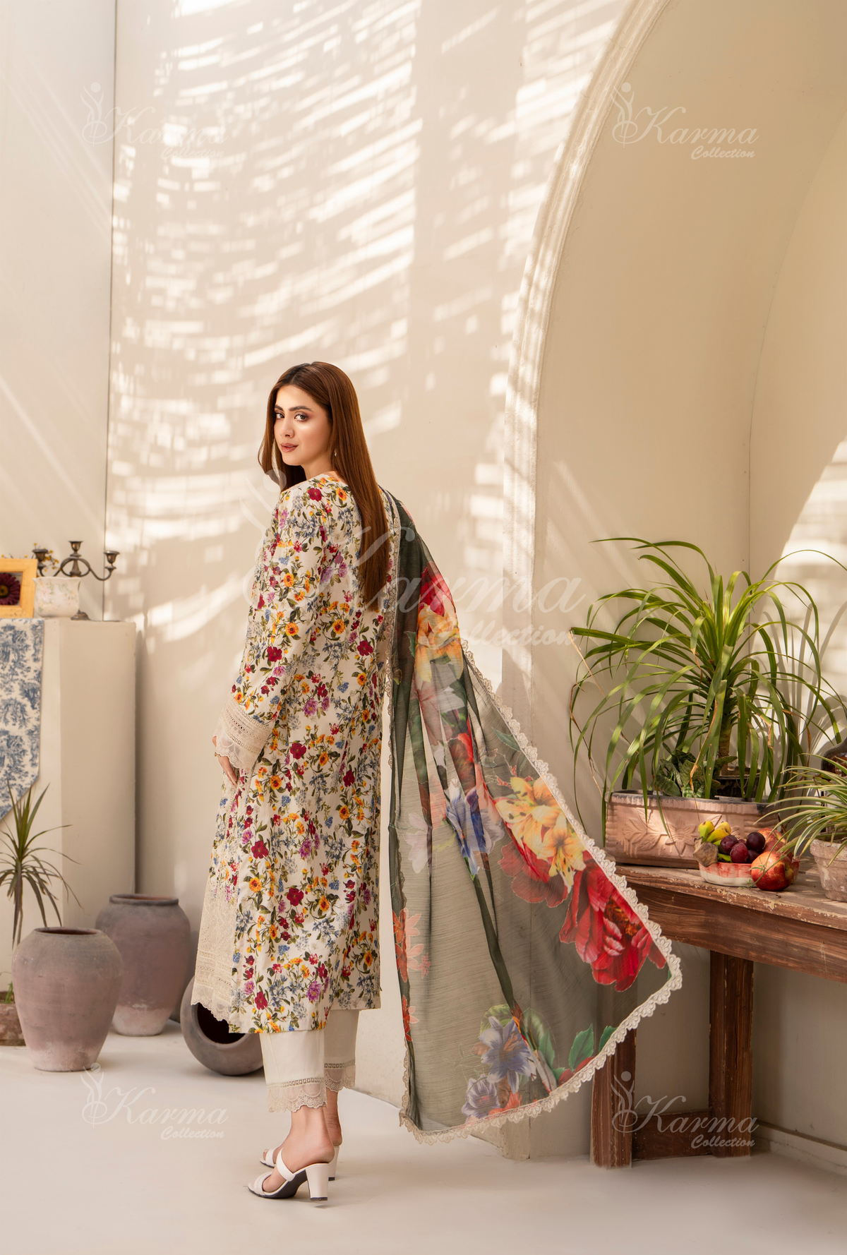 Karma Floral White Chikankari Lawn 3 Piece Stitched Suit