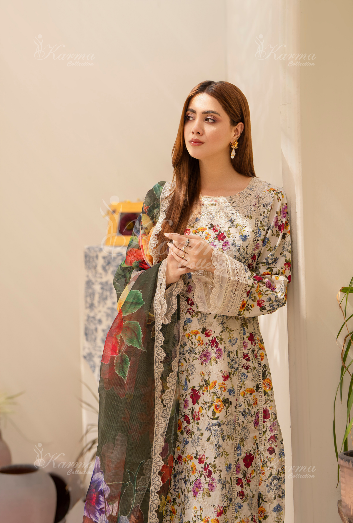Karma Floral White Chikankari Lawn 3 Piece Stitched Suit