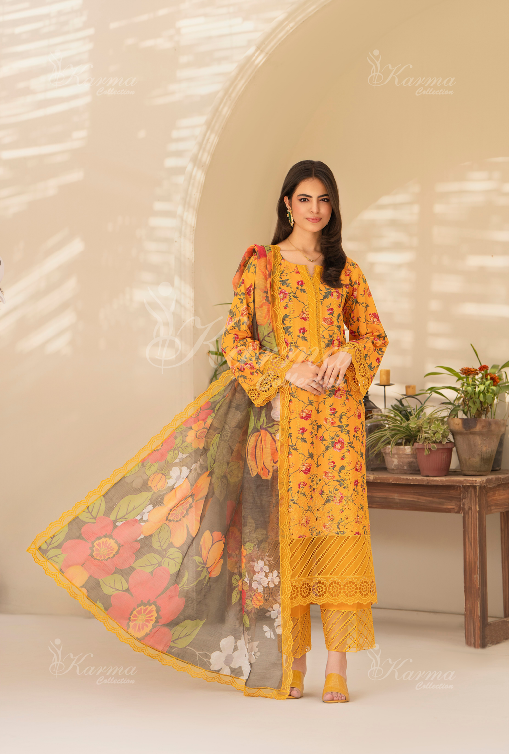 Karma Marigold Chikankari Lawn 3 Piece Stitched Suit