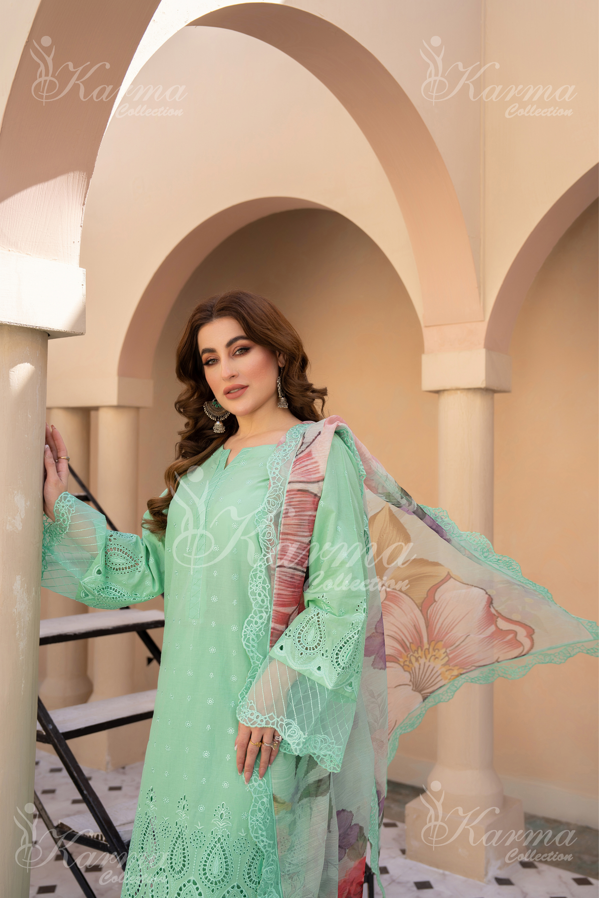 Karma Aqua Marine Chikankari Cotton 3 Piece Stitched Suit - Product Image 4