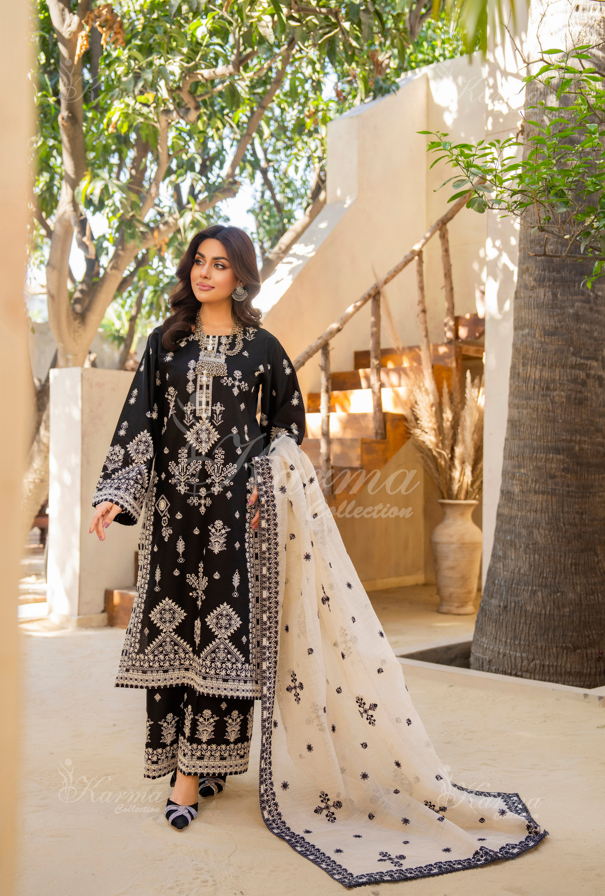 Karma Charcoal Black Thread Work 3 Piece Stitched Suit - Product Image 1