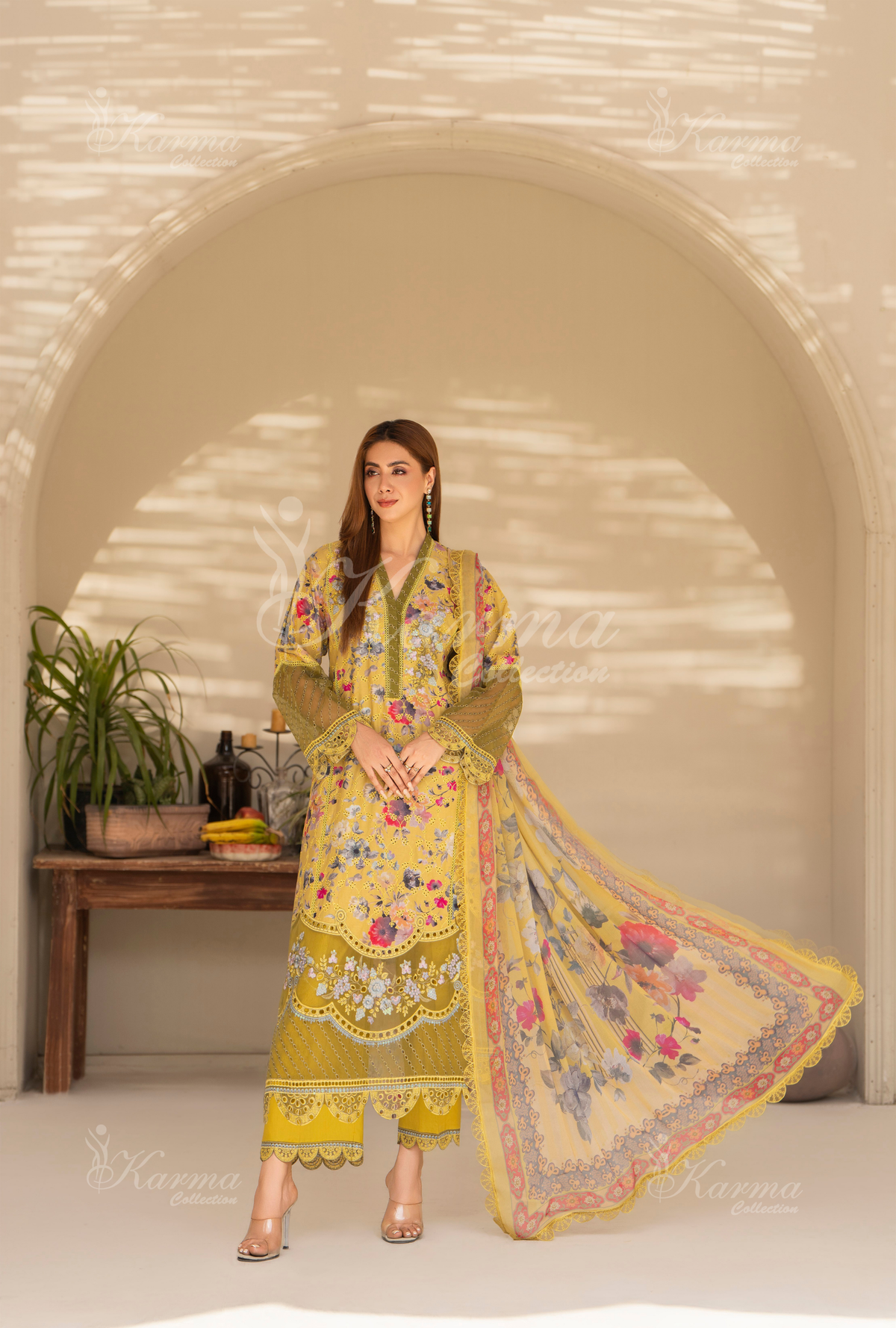 Karma Tan Chikankari Lawn 3 Piece Stitched Suit
