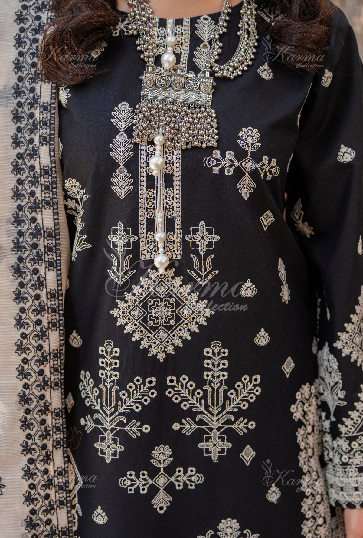 Karma Charcoal Black Thread Work 3 Piece Stitched Suit - Product Image 2