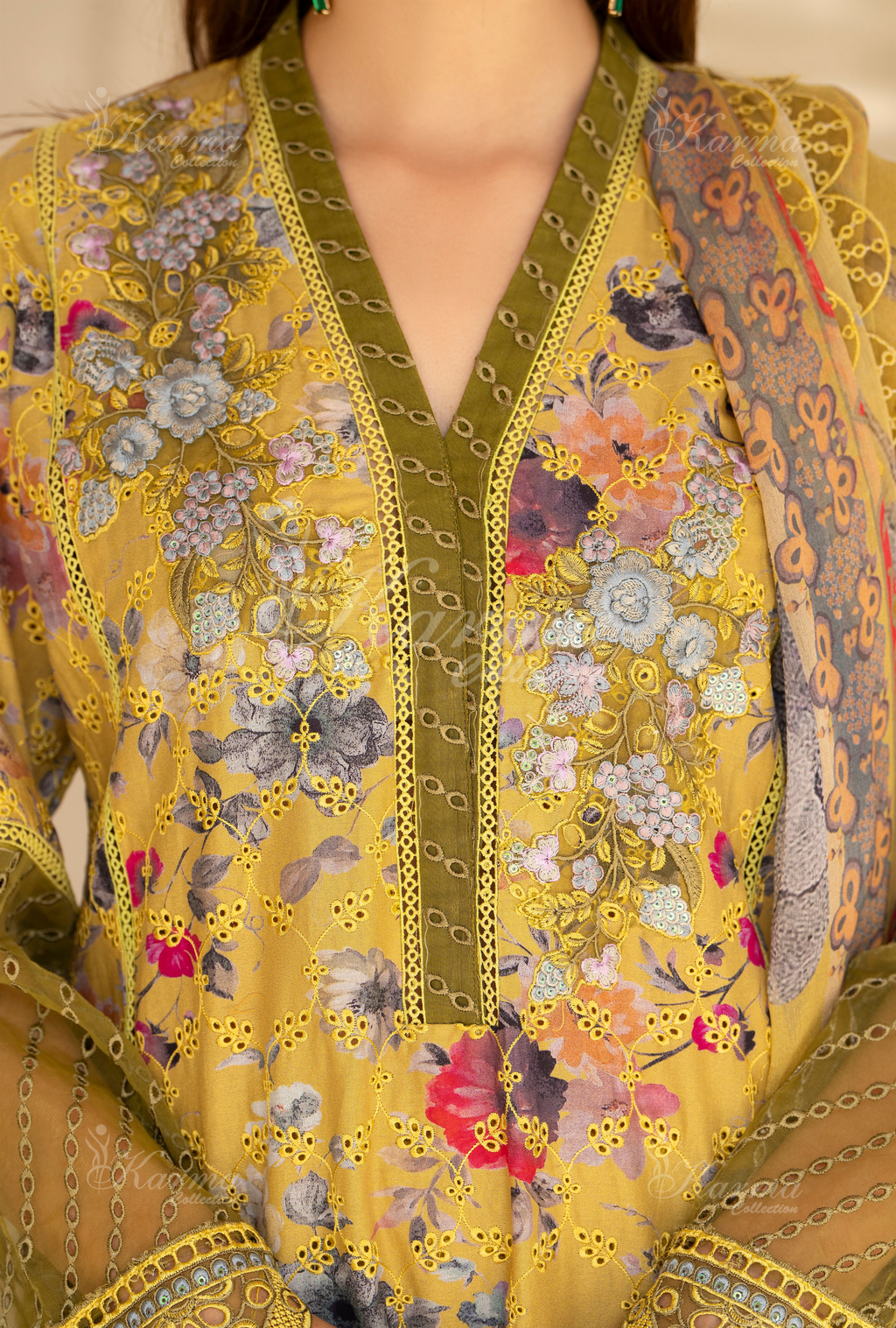 Karma Tan Chikankari Lawn 3 Piece Stitched Suit