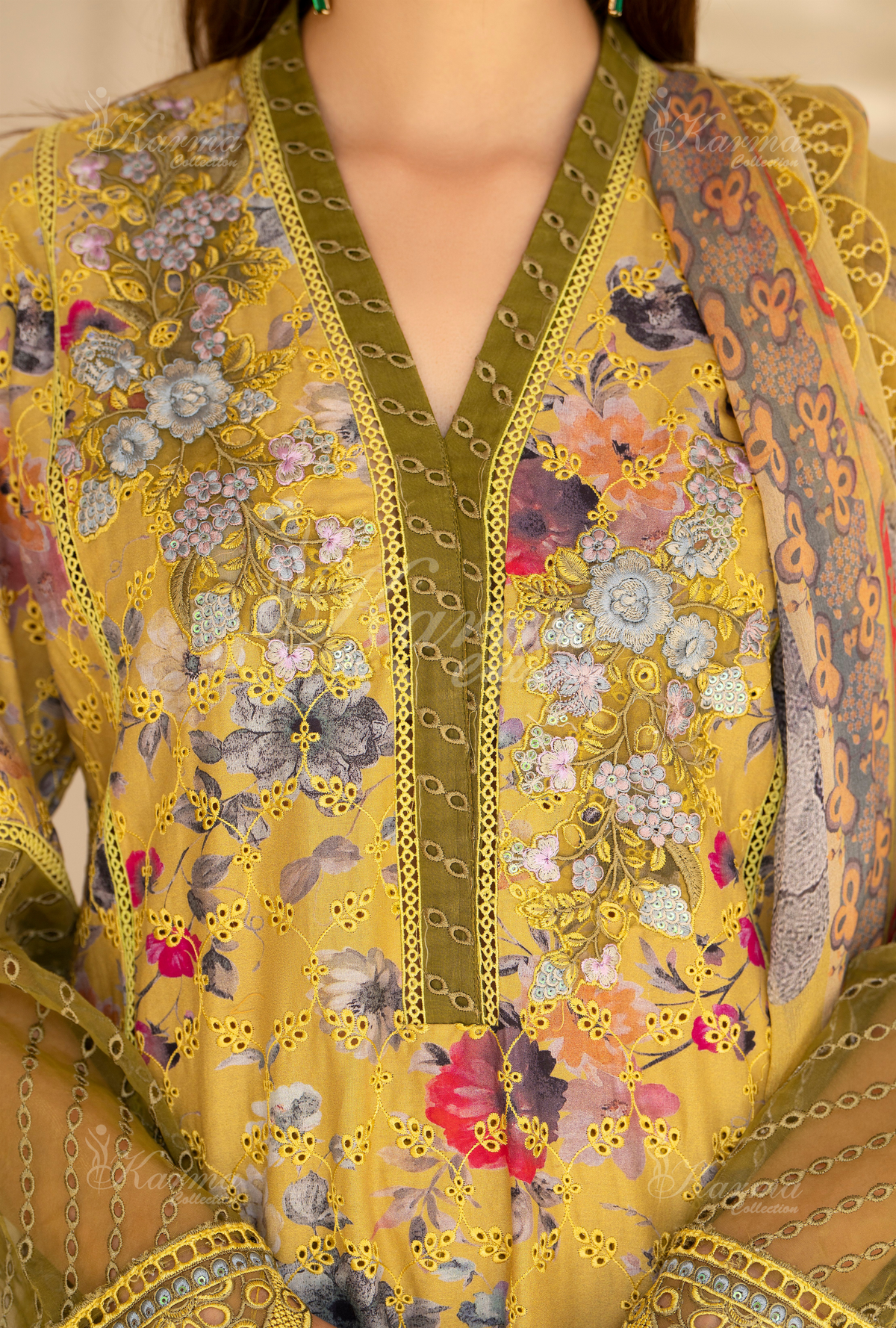 Karma Tan Chikankari Lawn 3 Piece Stitched Suit