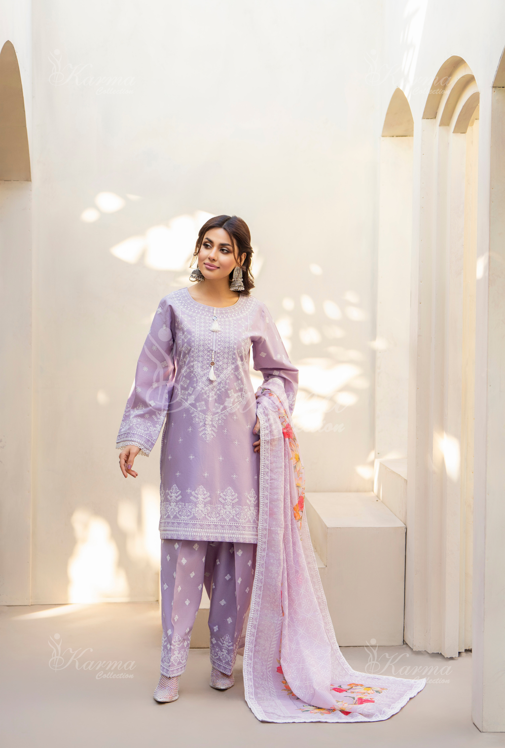 Karma Mauve Embroidered Short Shirt Farshi Shalwar 3 Piece Suit - Product Image 1