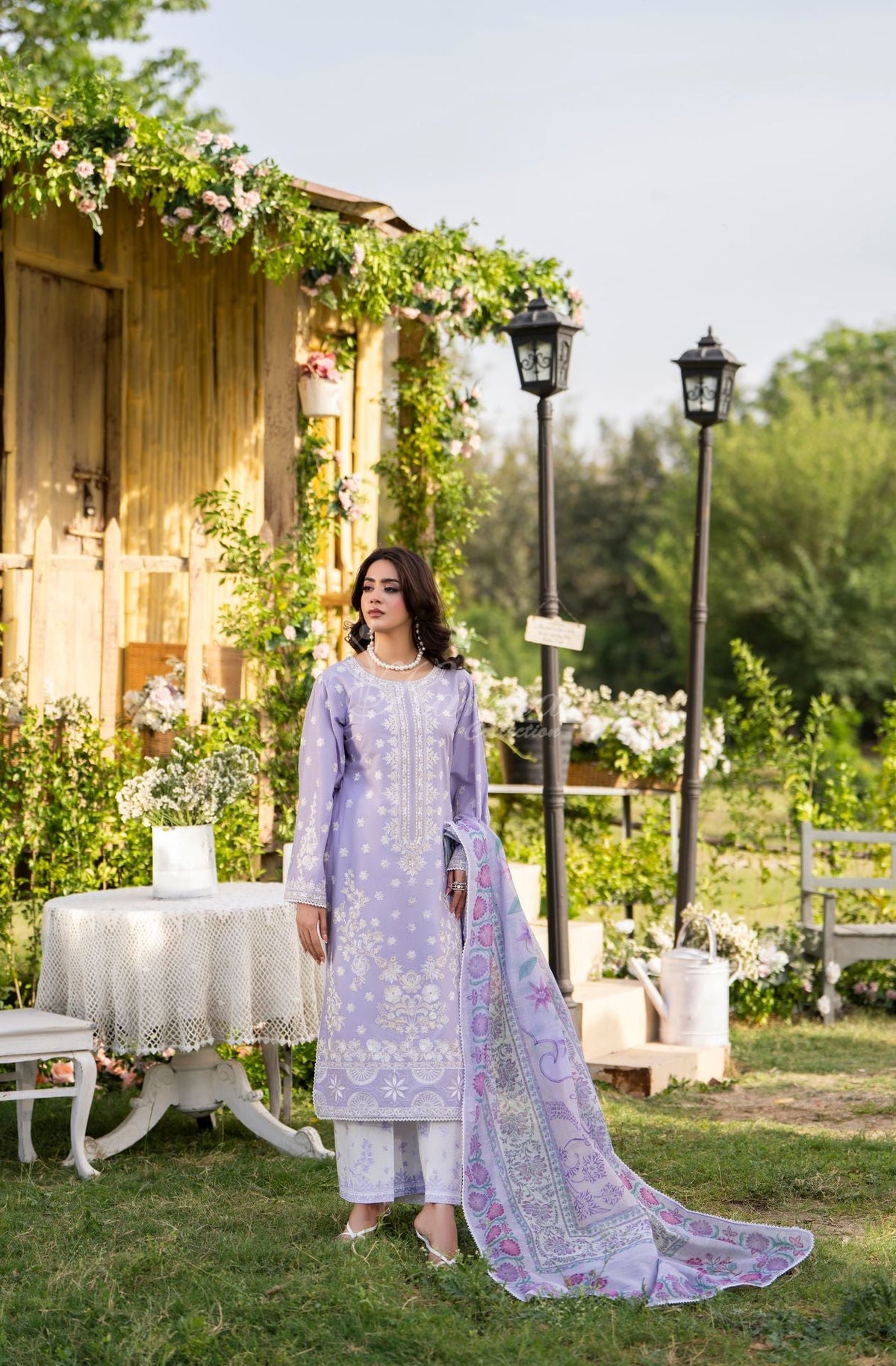 Karma collection | Soft Lilac | Multi-Thread Embroidered Cotton 3 Piece Suit | Printed Sequin Dupatta