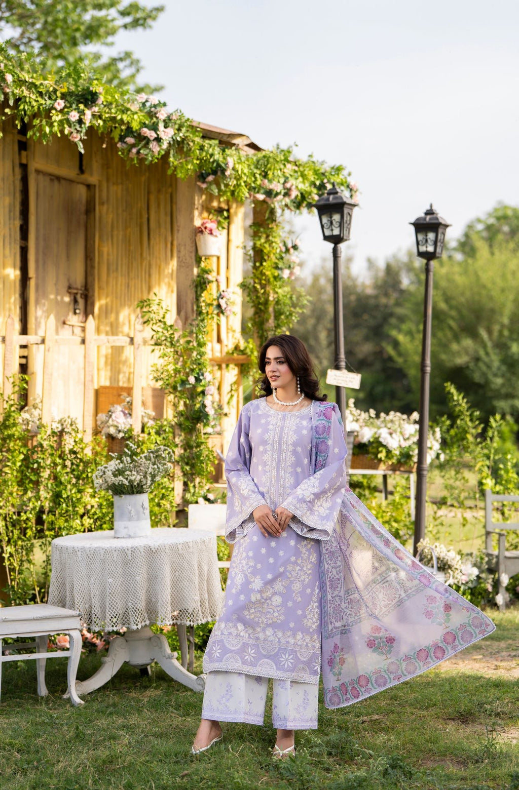 Karma collection | Soft Lilac | Multi-Thread Embroidered Cotton 3 Piece Suit | Printed Sequin Dupatta