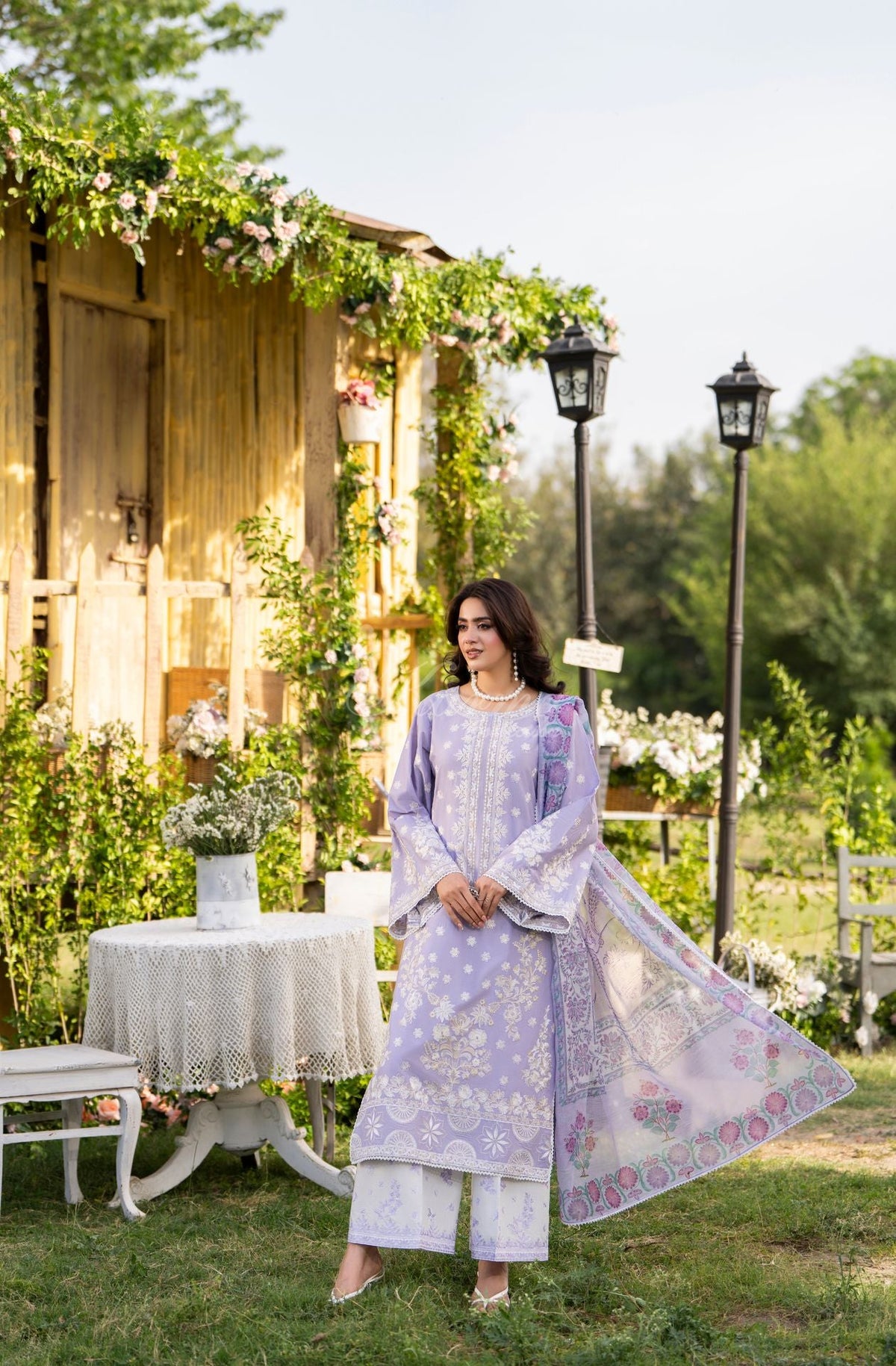 Karma collection | Soft Lilac | Multi-Thread Embroidered Cotton 3 Piece Suit | Printed Sequin Dupatta