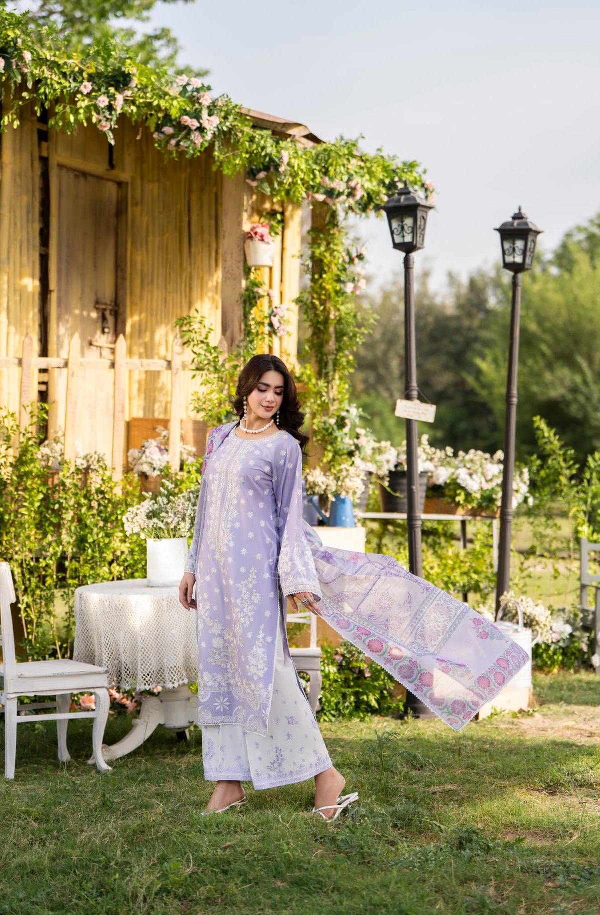 Karma collection | Soft Lilac | Multi-Thread Embroidered Cotton 3 Piece Suit | Printed Sequin Dupatta