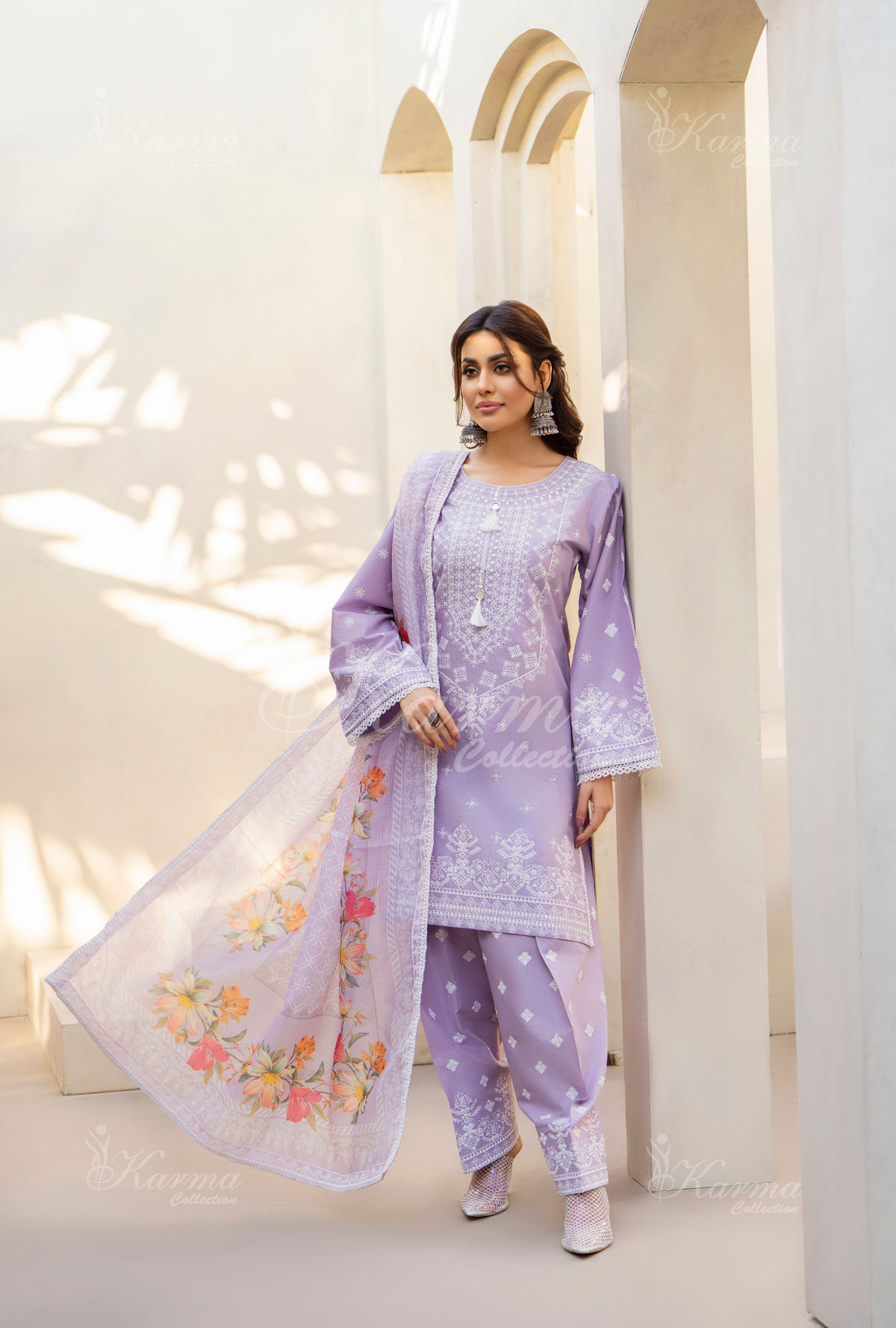 Karma Mauve Embroidered Short Shirt Farshi Shalwar 3 Piece Suit - Product Image 6