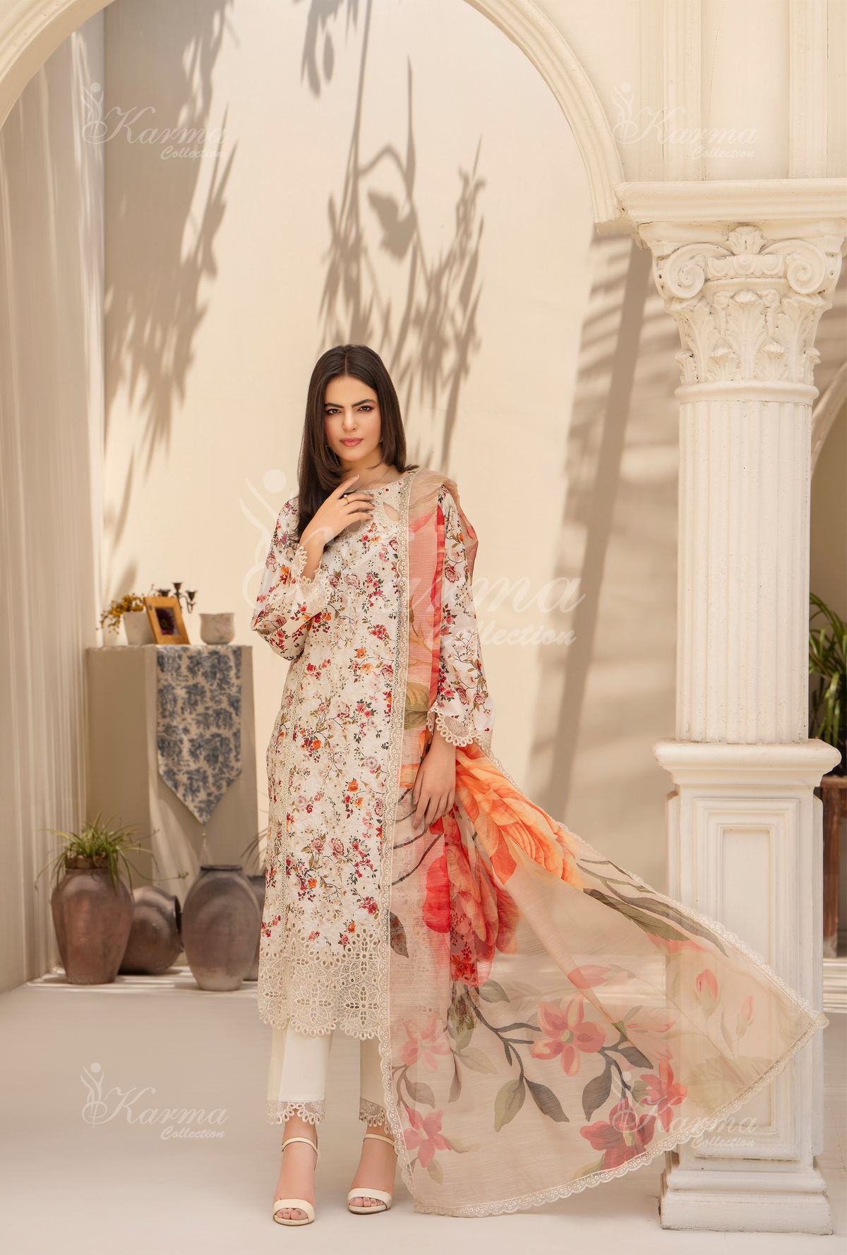 Karma Pearl White Chikankari Lawn 3 Piece Stitched Suit