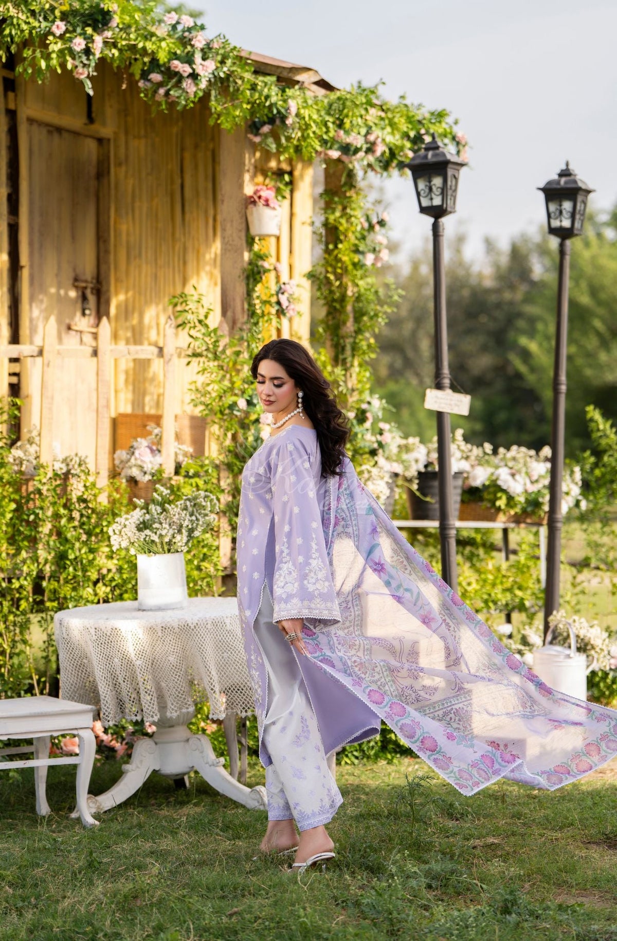 Karma collection | Soft Lilac | Multi-Thread Embroidered Cotton 3 Piece Suit | Printed Sequin Dupatta