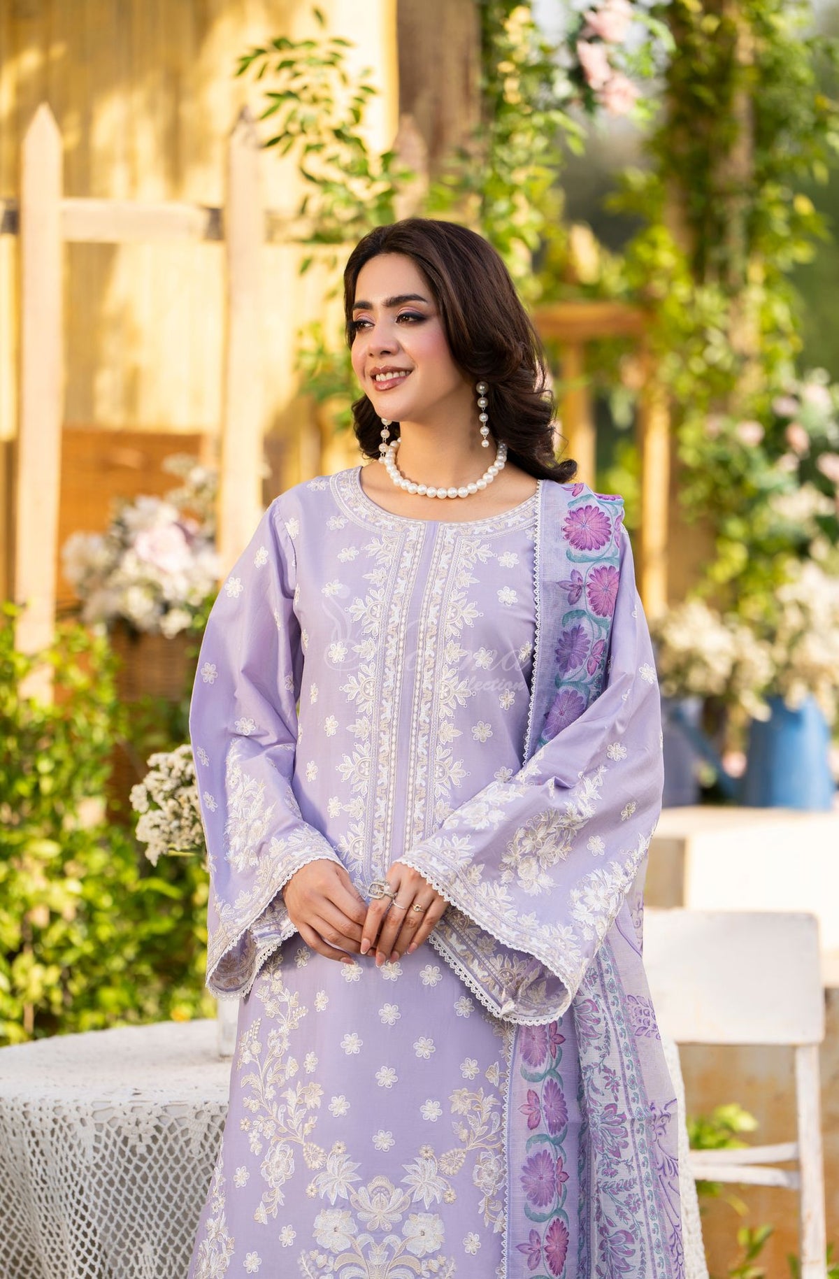 Karma collection | Soft Lilac | Multi-Thread Embroidered Cotton 3 Piece Suit | Printed Sequin Dupatta