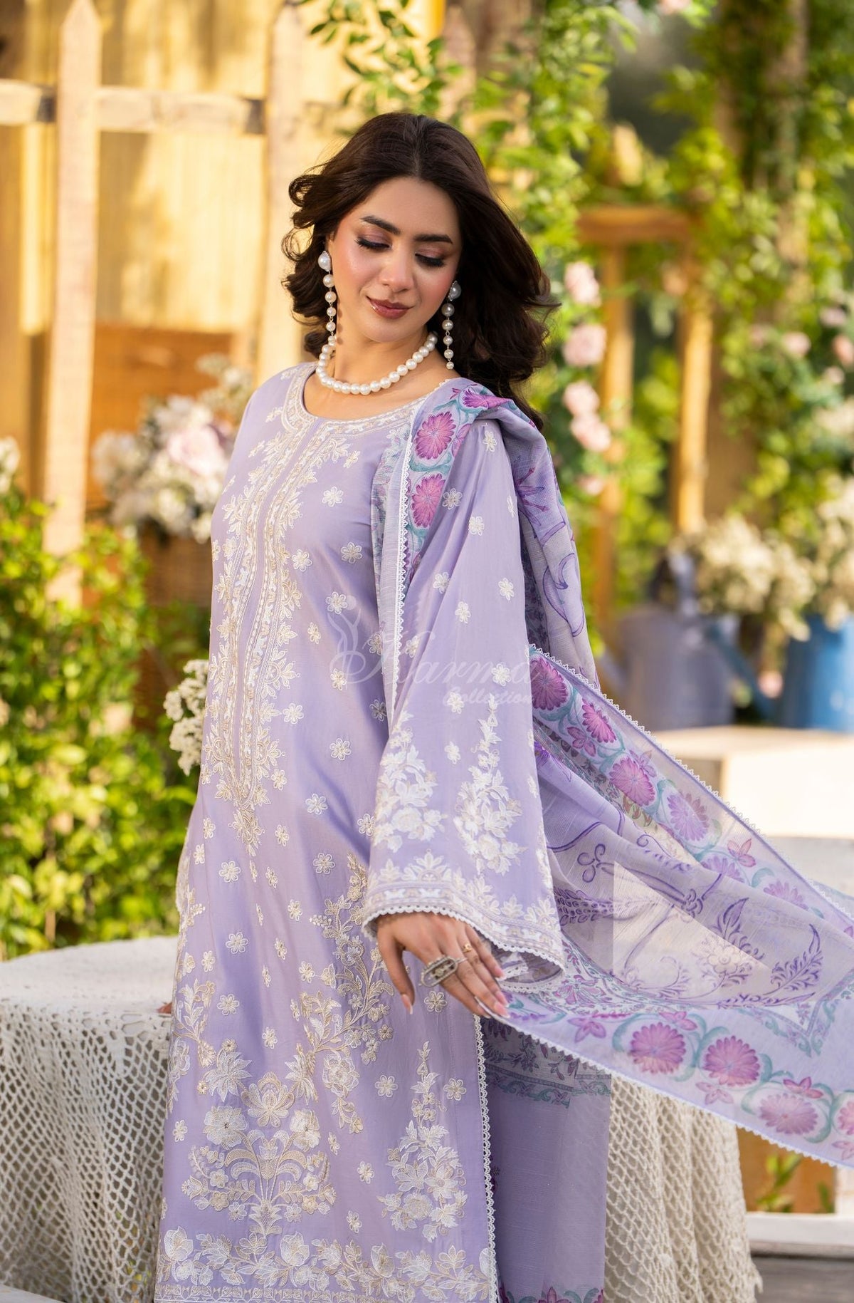 Karma collection | Soft Lilac | Multi-Thread Embroidered Cotton 3 Piece Suit | Printed Sequin Dupatta