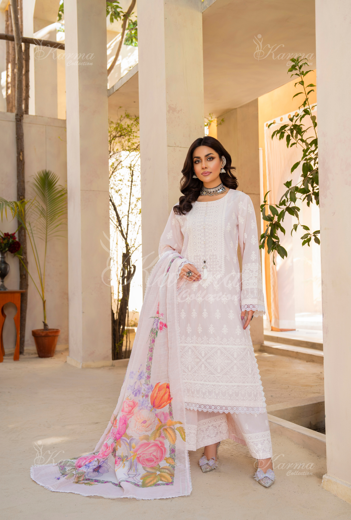 Karma Dusty Peach Thread Work 3 Piece Stitched Suit - Product Image 1