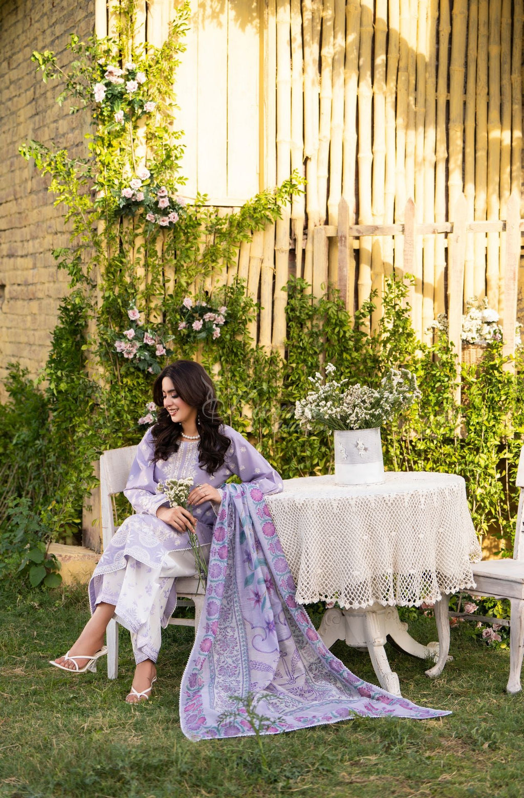 Karma collection | Soft Lilac | Multi-Thread Embroidered Cotton 3 Piece Suit | Printed Sequin Dupatta