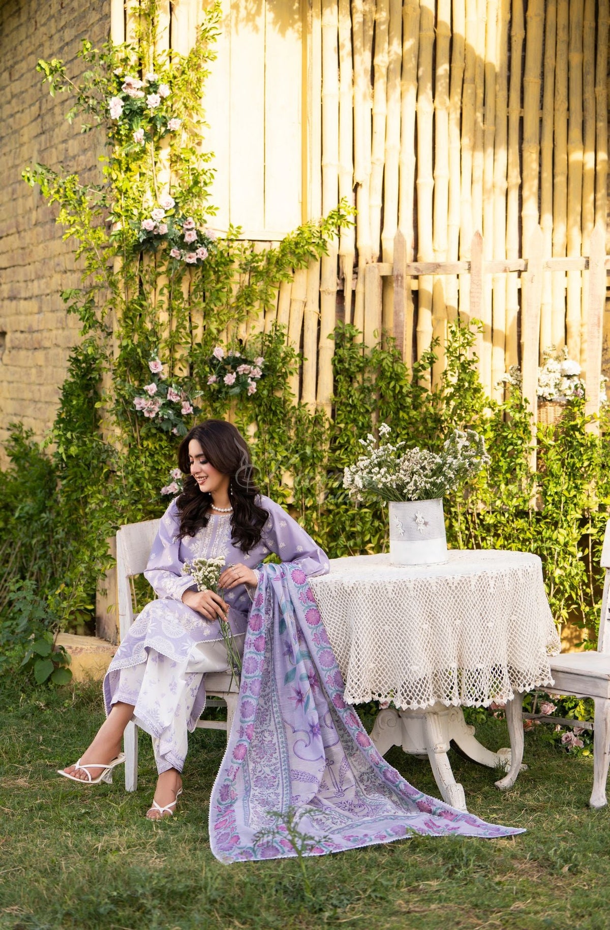 Karma collection | Soft Lilac | Multi-Thread Embroidered Cotton 3 Piece Suit | Printed Sequin Dupatta