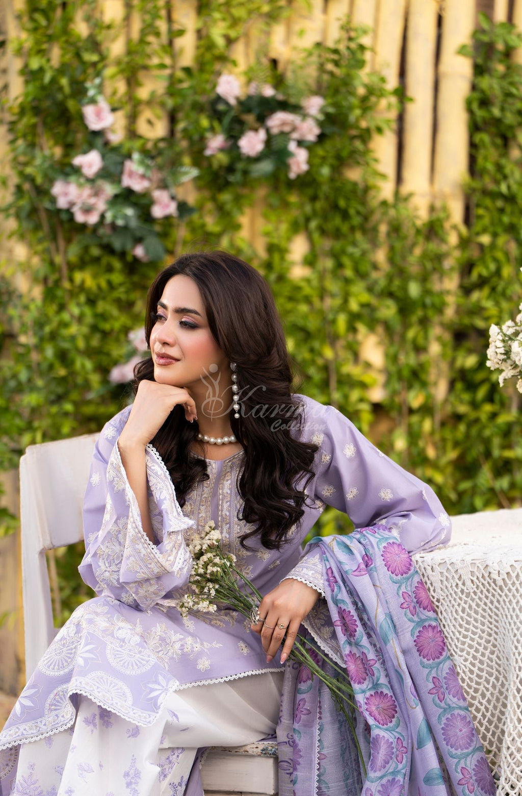 Karma collection | Soft Lilac | Multi-Thread Embroidered Cotton 3 Piece Suit | Printed Sequin Dupatta