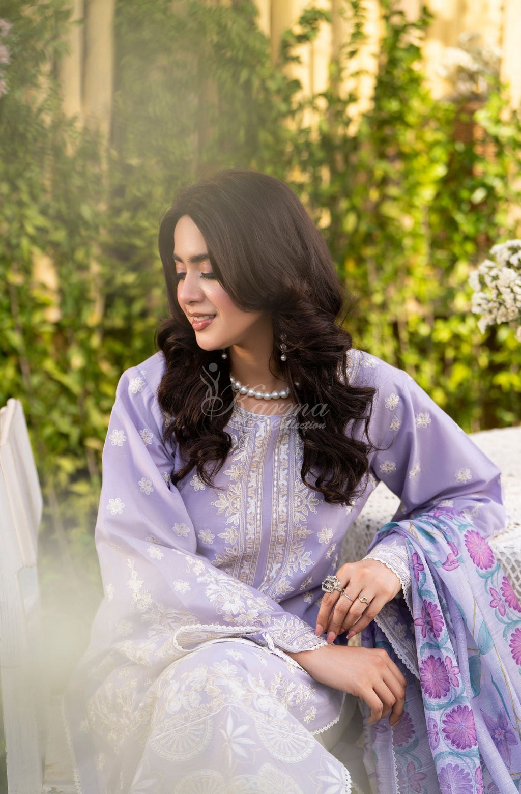 Karma collection | Soft Lilac | Multi-Thread Embroidered Cotton 3 Piece Suit | Printed Sequin Dupatta