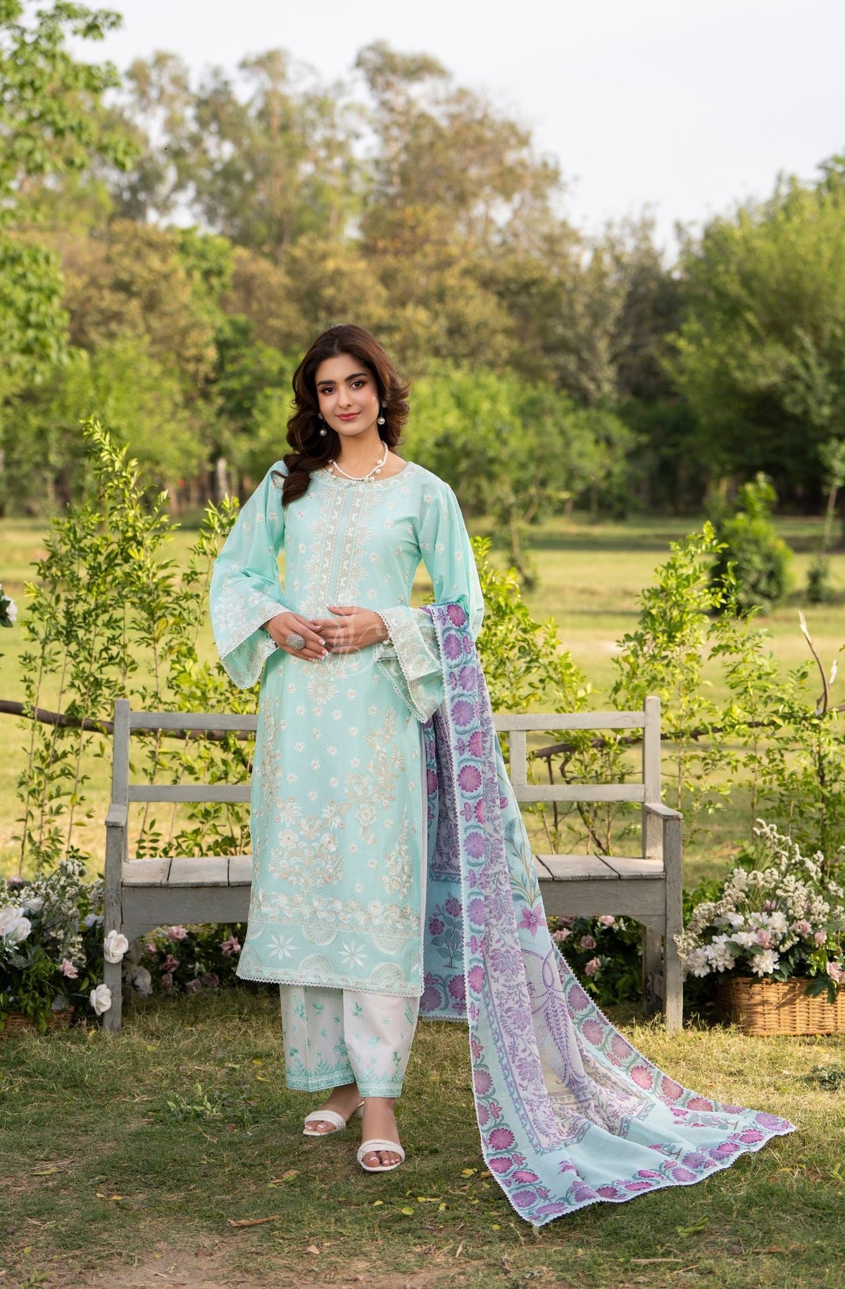 Karma collection | Ice Blue | Multi-Thread Embroidered Cotton 3 Piece Suit | Printed Sequin Dupatta