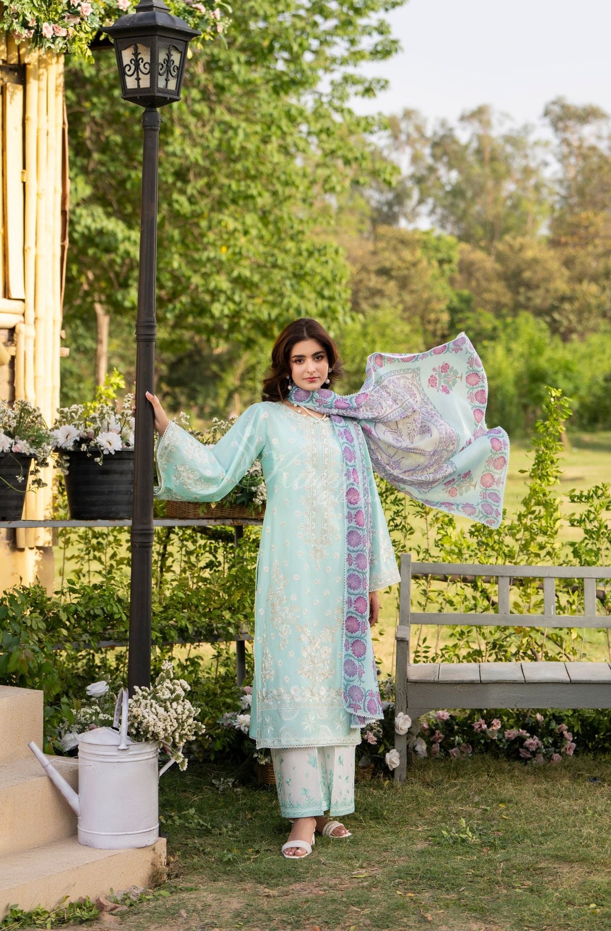 Karma collection | Ice Blue | Multi-Thread Embroidered Cotton 3 Piece Suit | Printed Sequin Dupatta