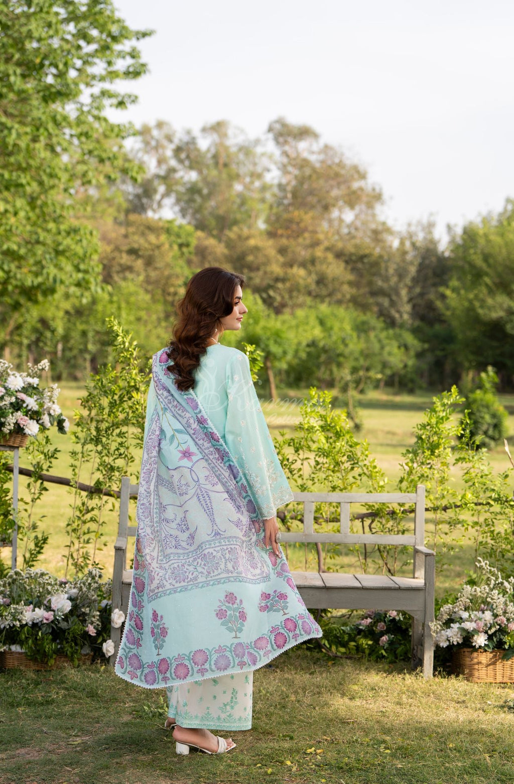 Karma collection | Ice Blue | Multi-Thread Embroidered Cotton 3 Piece Suit | Printed Sequin Dupatta