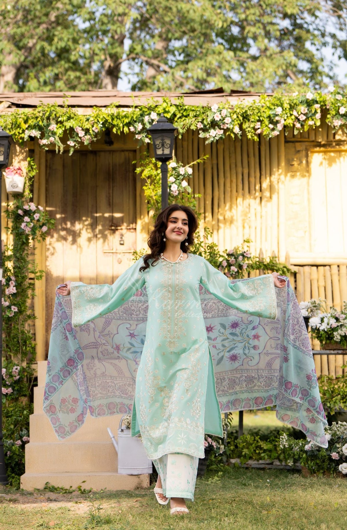 Karma collection | Ice Blue | Multi-Thread Embroidered Cotton 3 Piece Suit | Printed Sequin Dupatta