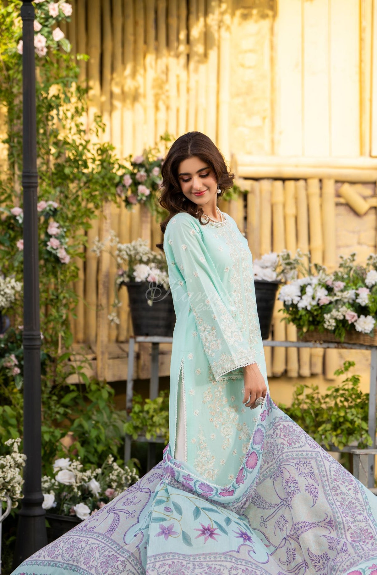 Karma collection | Ice Blue | Multi-Thread Embroidered Cotton 3 Piece Suit | Printed Sequin Dupatta