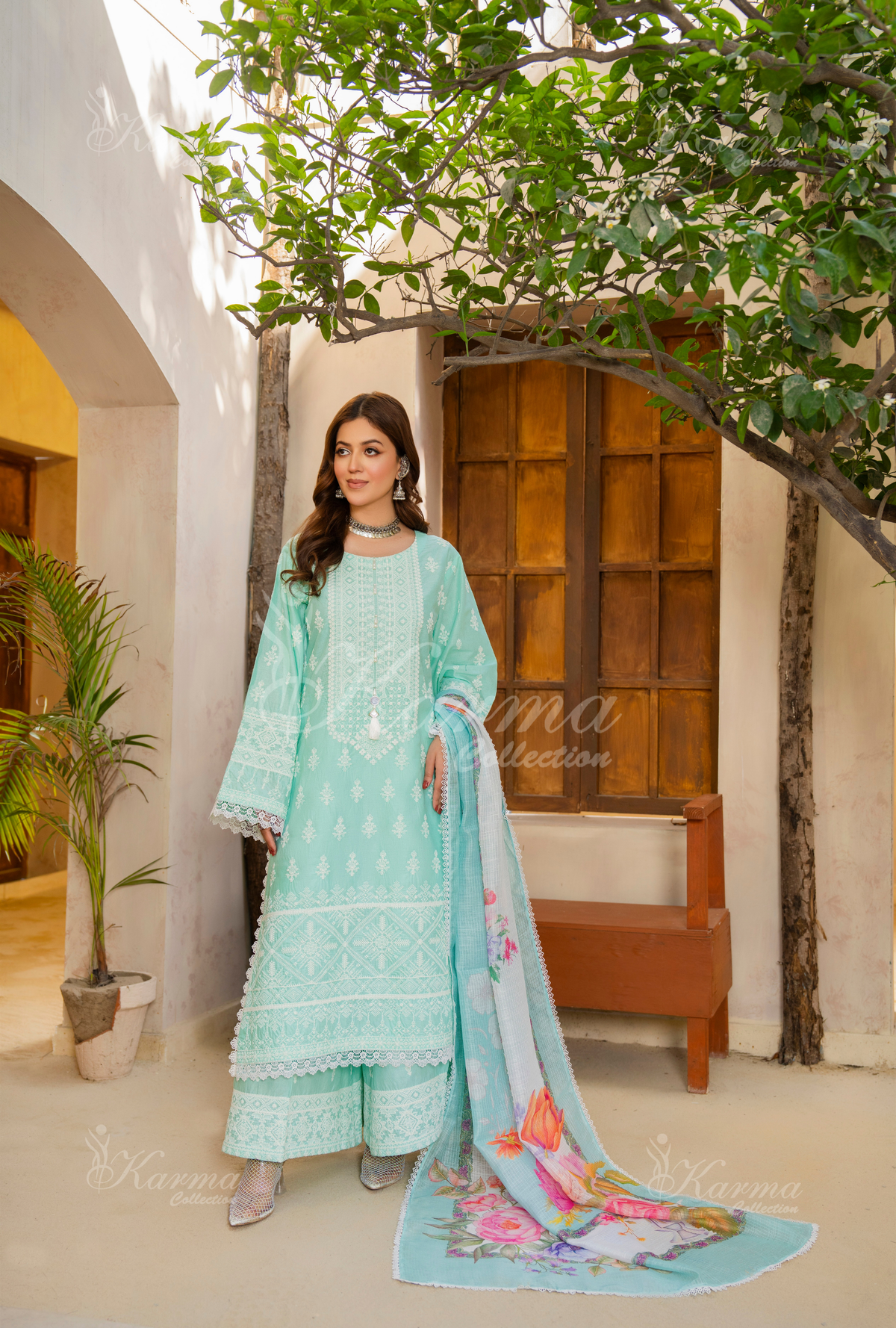 Karma Aqua Mint Thread Work 3 Piece Stitched Suit - Product Image 1