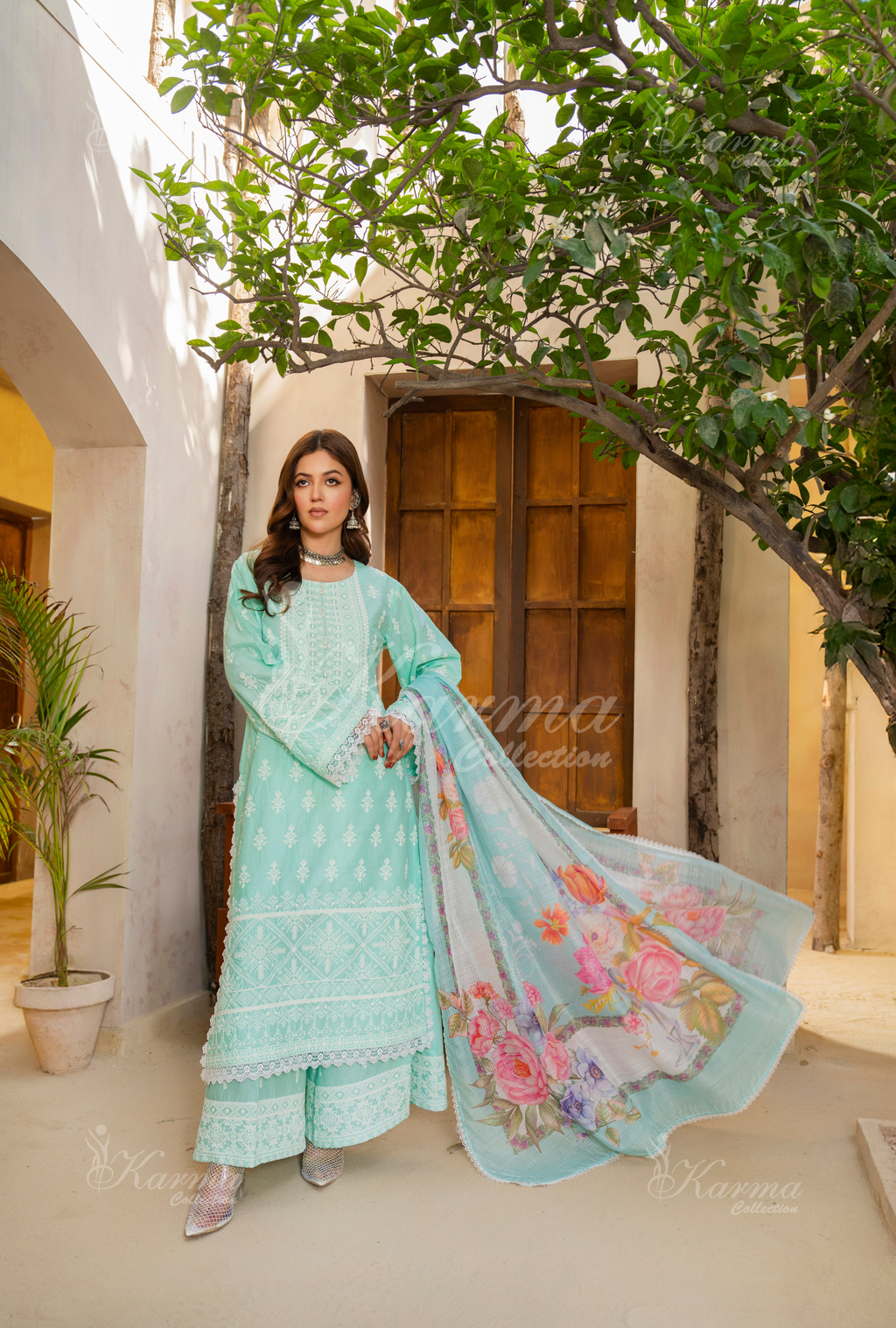 Karma Aqua Mint Thread Work 3 Piece Stitched Suit - Product Image 3
