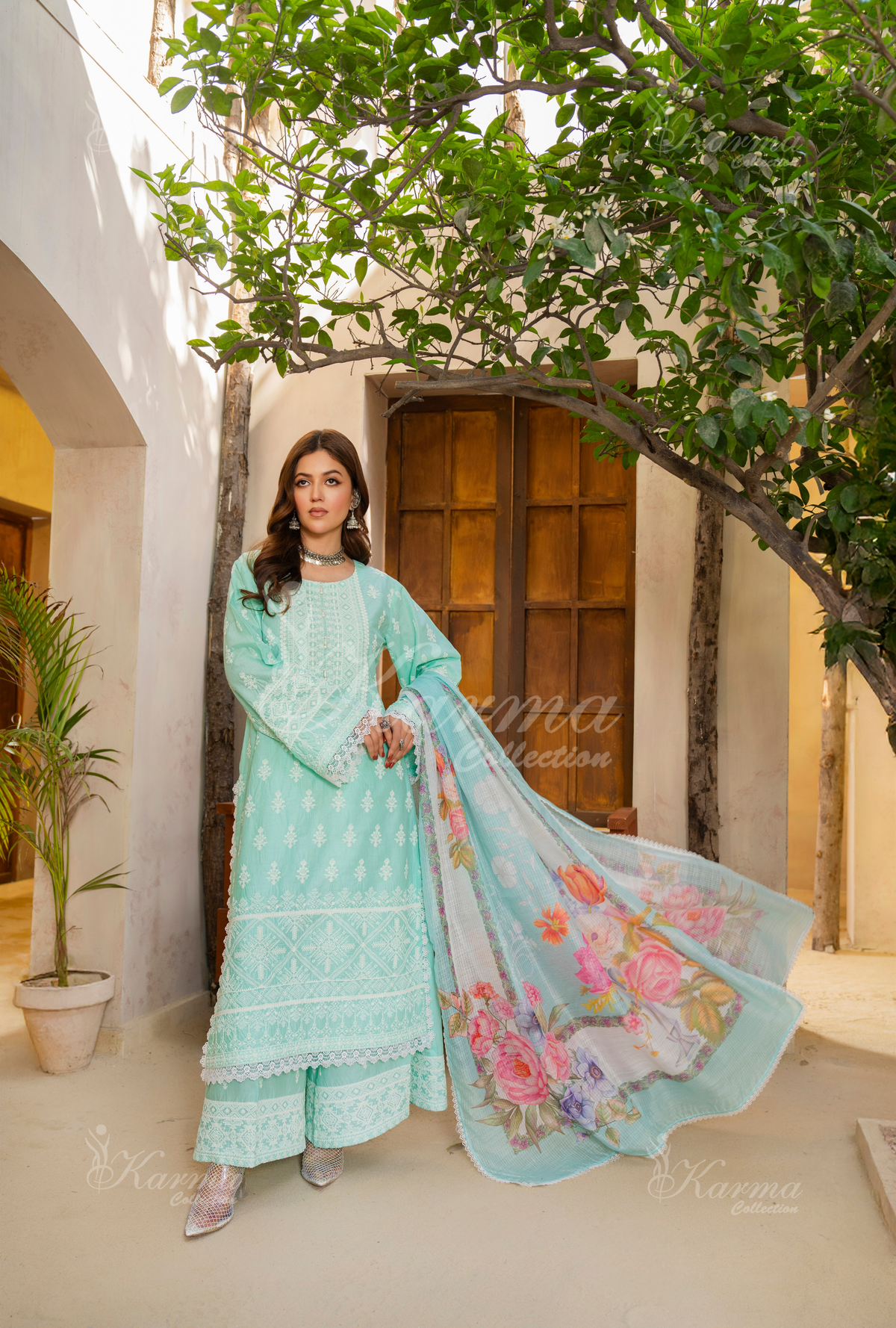 Karma Aqua Mint Thread Work 3 Piece Stitched Suit - Product Image 3