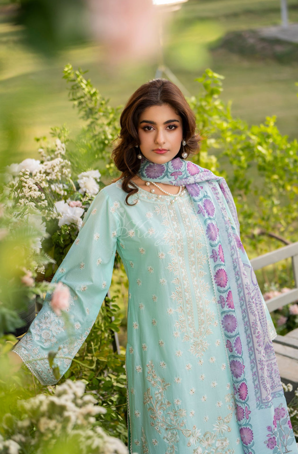 Karma collection | Ice Blue | Multi-Thread Embroidered Cotton 3 Piece Suit | Printed Sequin Dupatta