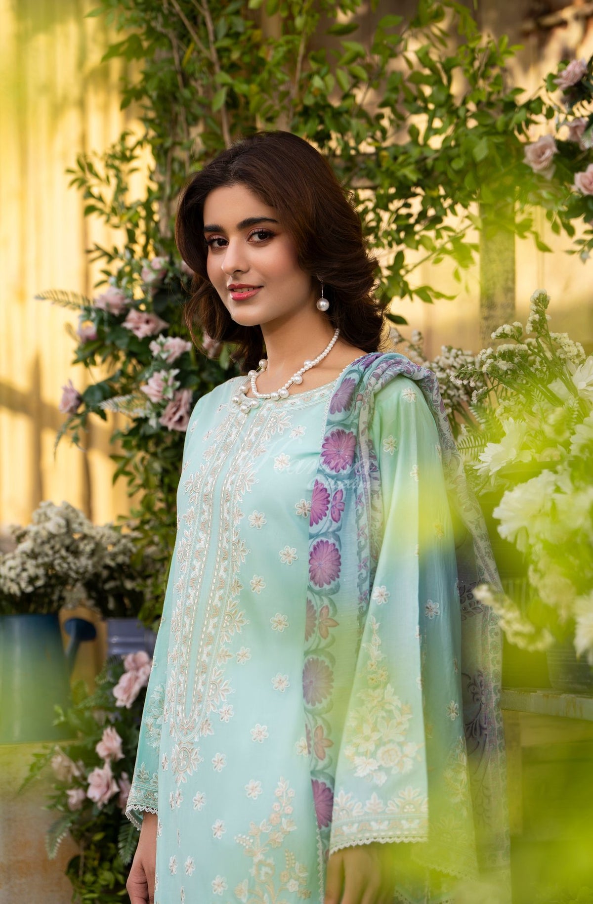 Karma collection | Ice Blue | Multi-Thread Embroidered Cotton 3 Piece Suit | Printed Sequin Dupatta