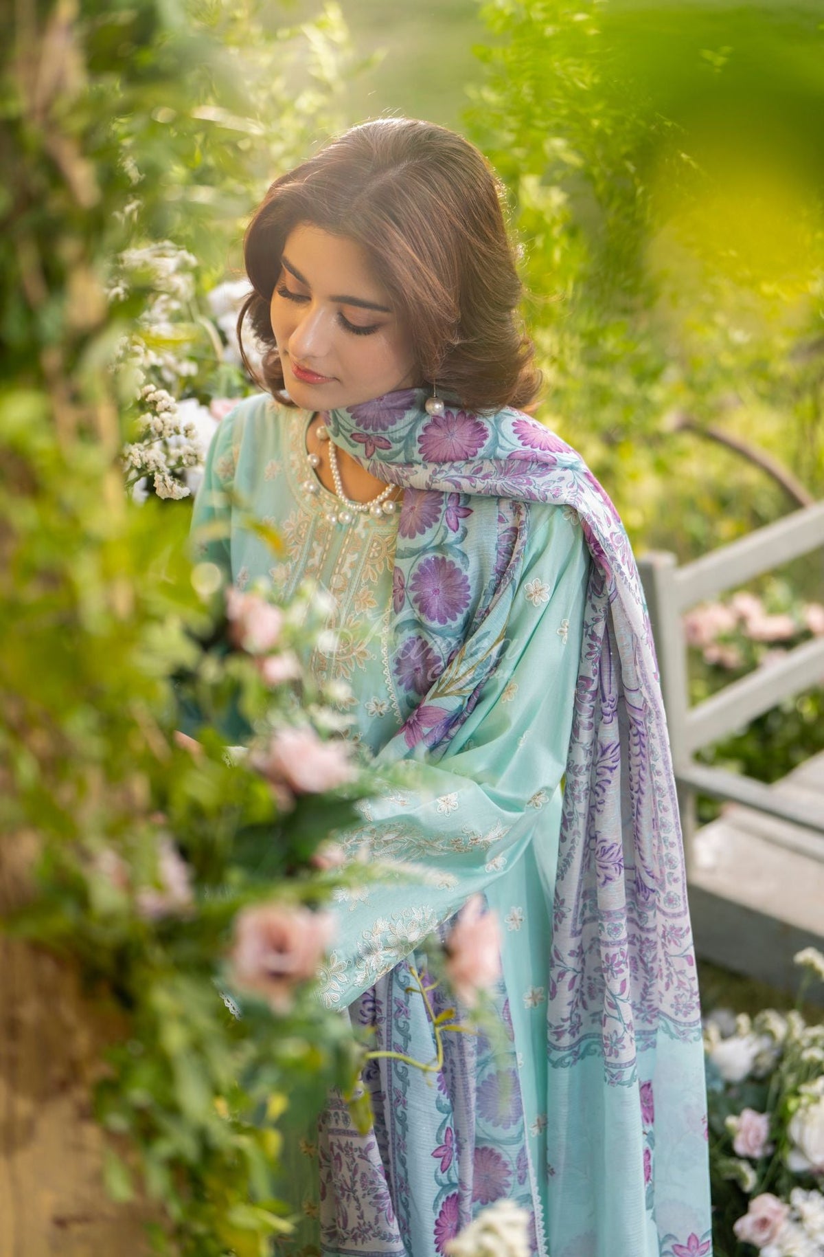 Karma collection | Ice Blue | Multi-Thread Embroidered Cotton 3 Piece Suit | Printed Sequin Dupatta