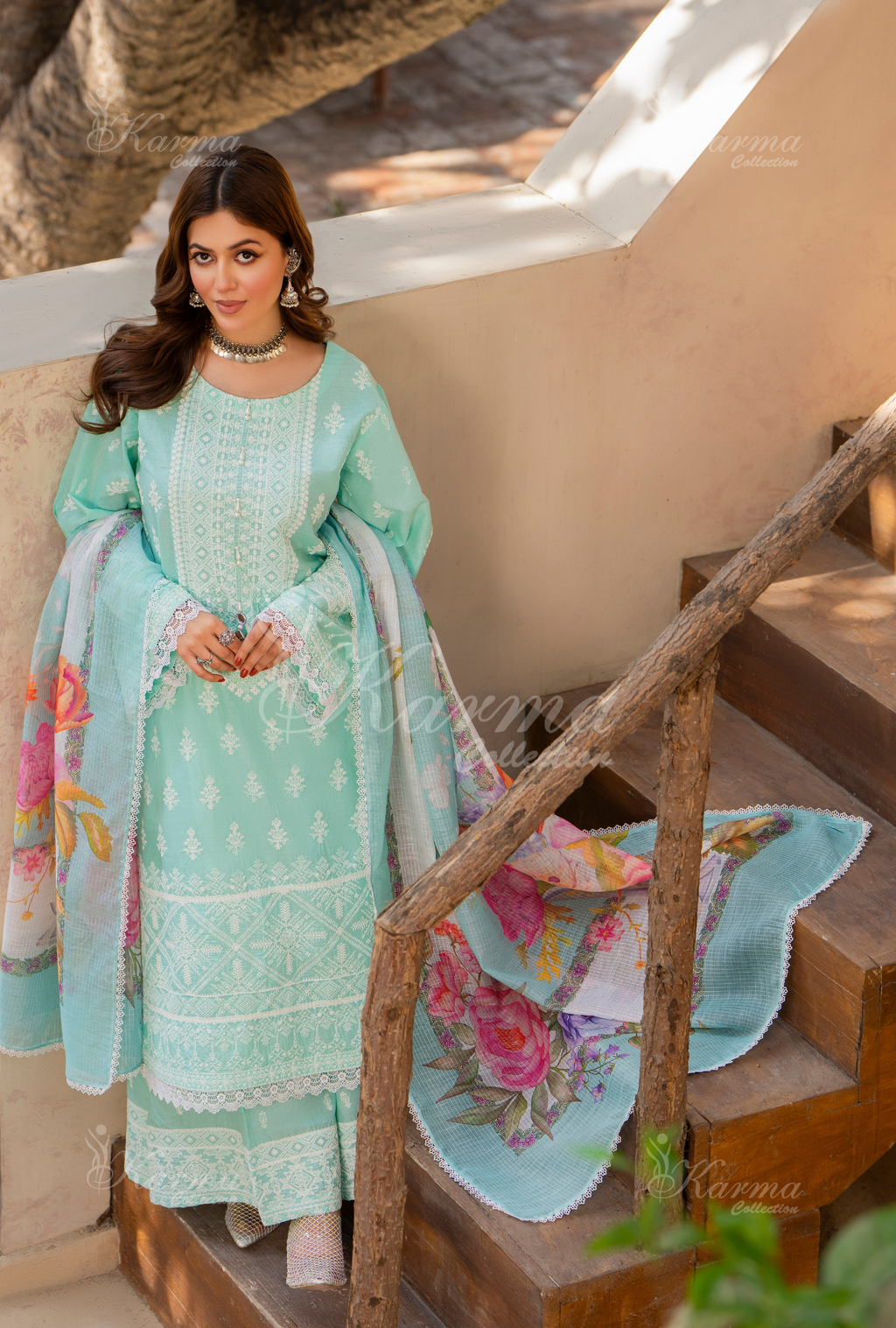 Karma Aqua Mint Thread Work 3 Piece Stitched Suit - Product Image 4