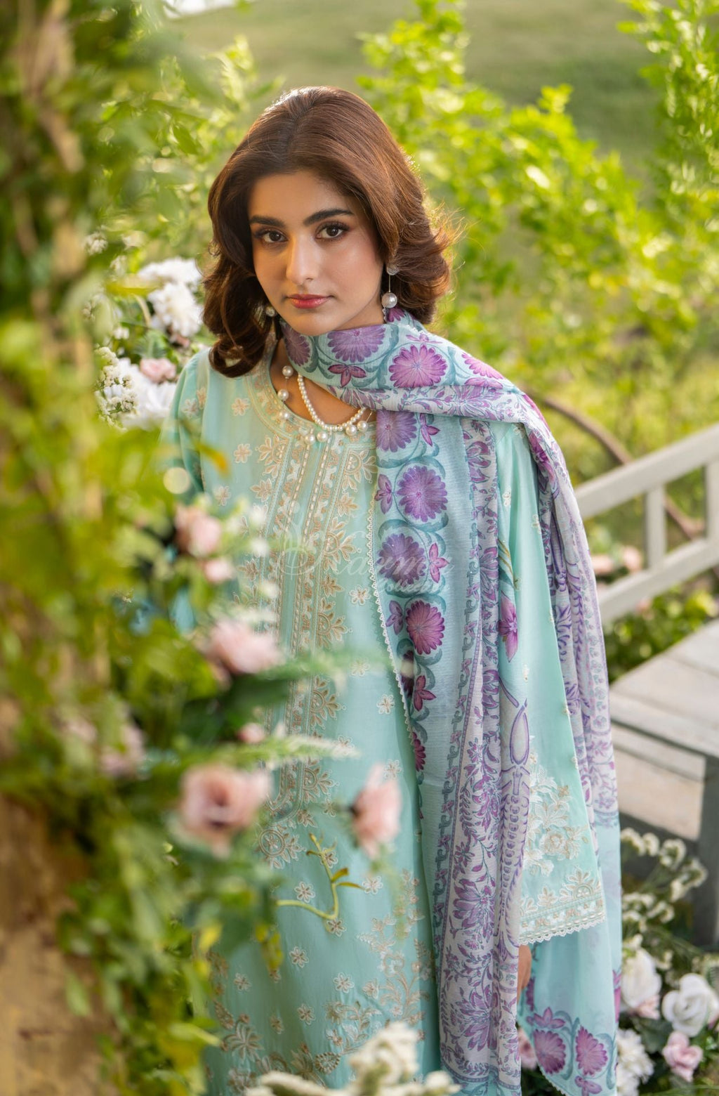Karma collection | Ice Blue | Multi-Thread Embroidered Cotton 3 Piece Suit | Printed Sequin Dupatta