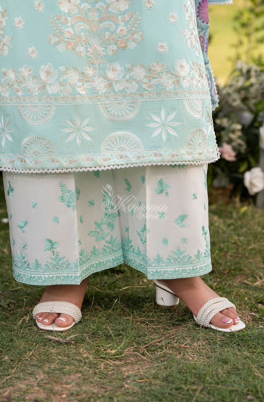 Karma collection | Ice Blue | Multi-Thread Embroidered Cotton 3 Piece Suit | Printed Sequin Dupatta