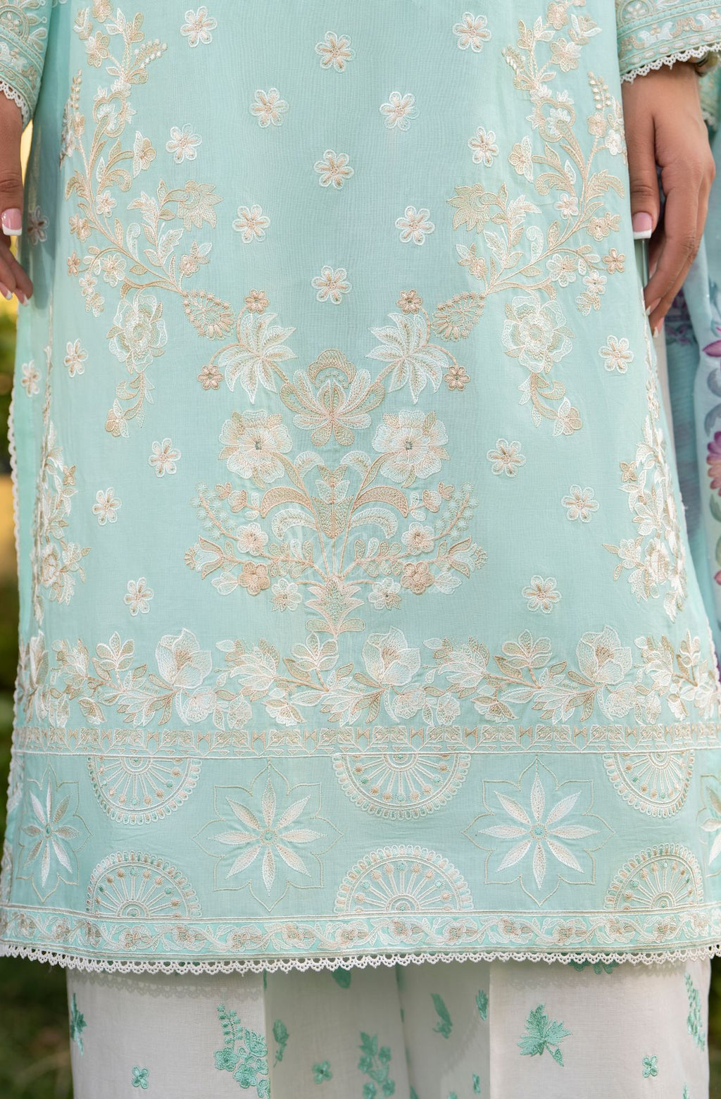 Karma collection | Ice Blue | Multi-Thread Embroidered Cotton 3 Piece Suit | Printed Sequin Dupatta