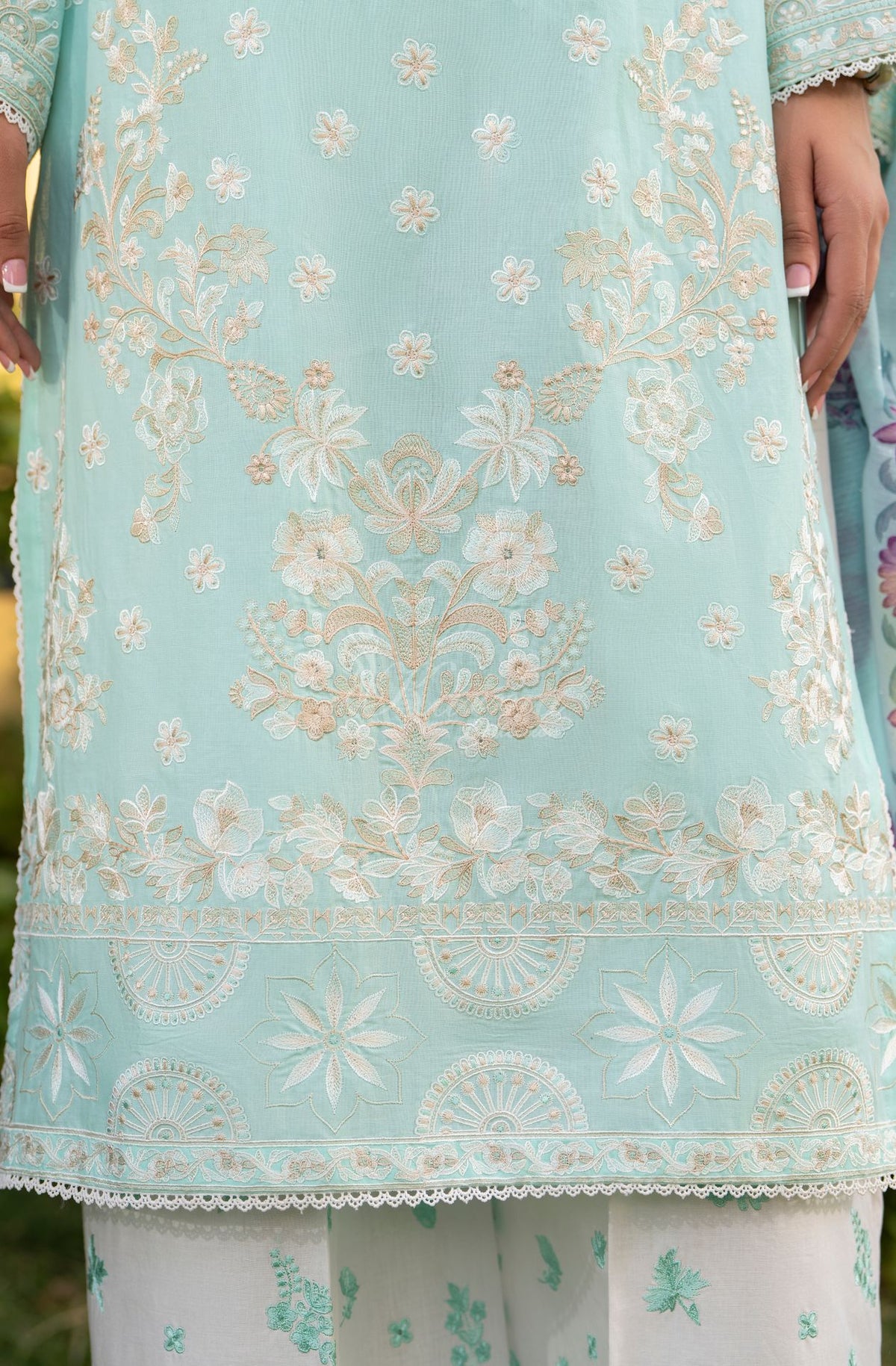 Karma collection | Ice Blue | Multi-Thread Embroidered Cotton 3 Piece Suit | Printed Sequin Dupatta
